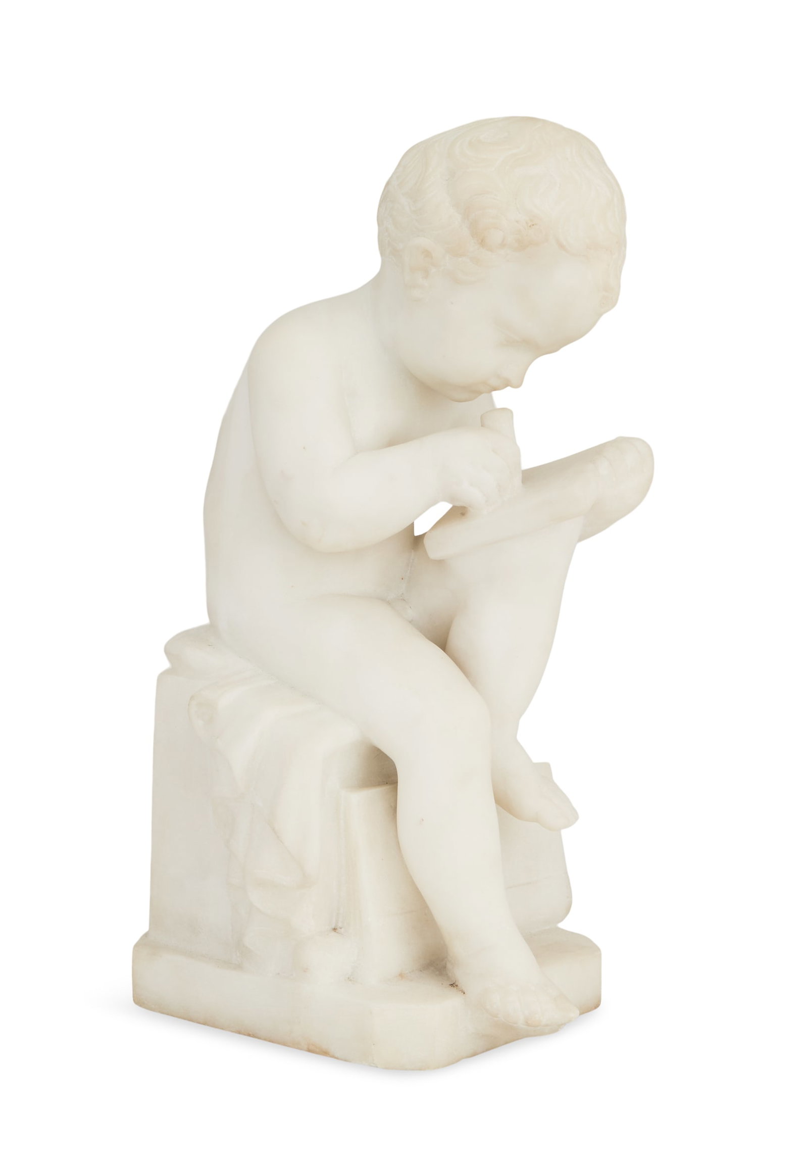 Italian Marble Figure of a Boy: Italian Marble Figure of a Boy late 19th century, after Antonio Canova, the seated boy or putto with a tablet on one knee, and a stylus in his hand. h. 16-1/2", w. 6-1/2", d. 2-3/4"