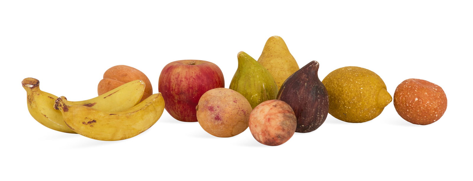 Eleven Pieces of Painted Alabaster Fruit: Eleven Pieces of Painted Alabaster Fruit late 19th century, the collection including an apple, a pear, peaches, bananas, plums and other examples. h. 2" to 2-3/4", w. 2-1/4" to 5"