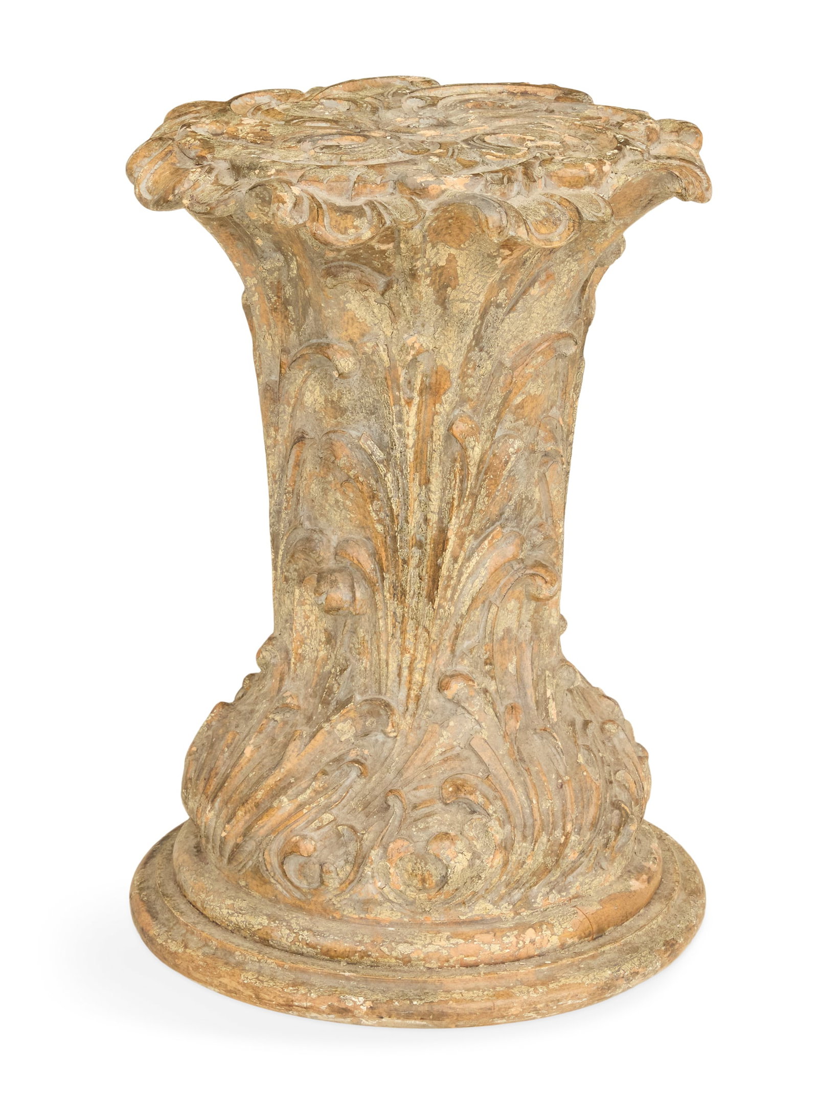 Italian Carved and Polychrome Pedestal Table: Italian Carved and Polychrome Pedestal Table 19th century, in the rococo taste, the standard with foliate-carved details, mounted to a circular molded base. h. 28", dia. 20"