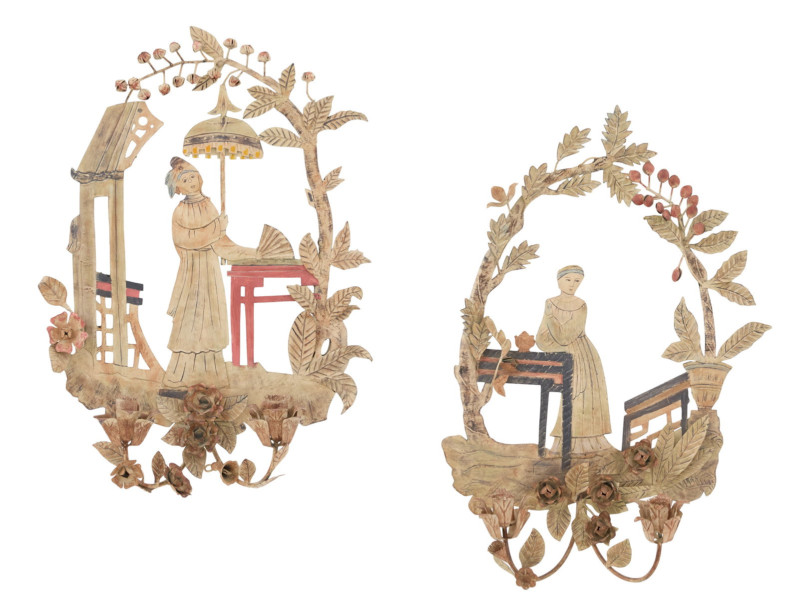Pair of Italian Tole Figural Sconces: Pair of Italian Tole Figural Sconces 20th century, the pierced tole sconces decorated with male and female chinoiserie figures framed in a circular bower of plum branches and fruit, the lower portions