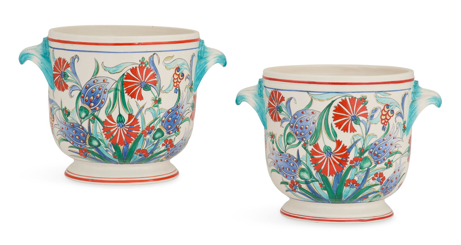 Pair of Italian Porcelain Wine Coolers: Pair of Italian Porcelain Wine Coolers 20th century, made for J.E. Caldwell, decorated with Iznik-style flowers and leaves, set with shaded blue scrolled handles, signed "Hand Decorated for J.E. Caldw