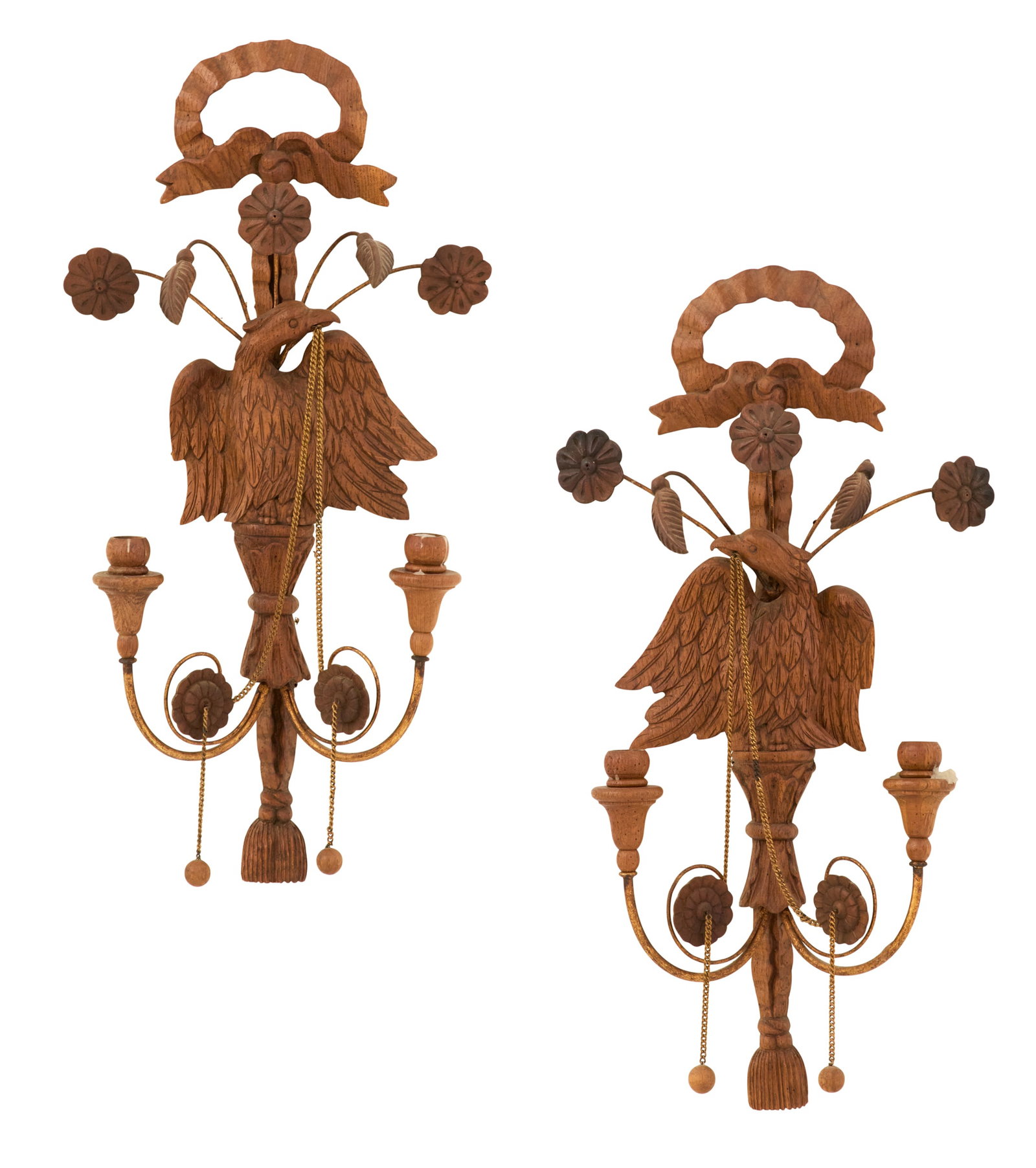 Pair of Chapman Carved Oak Sconces: Pair of Chapman Carved Oak Sconces 20th century, the carved bowknot backplates set with eagles and sprays of flowers on wire stems, the eagles with chains and wooden spheres in their beaks, the metal 