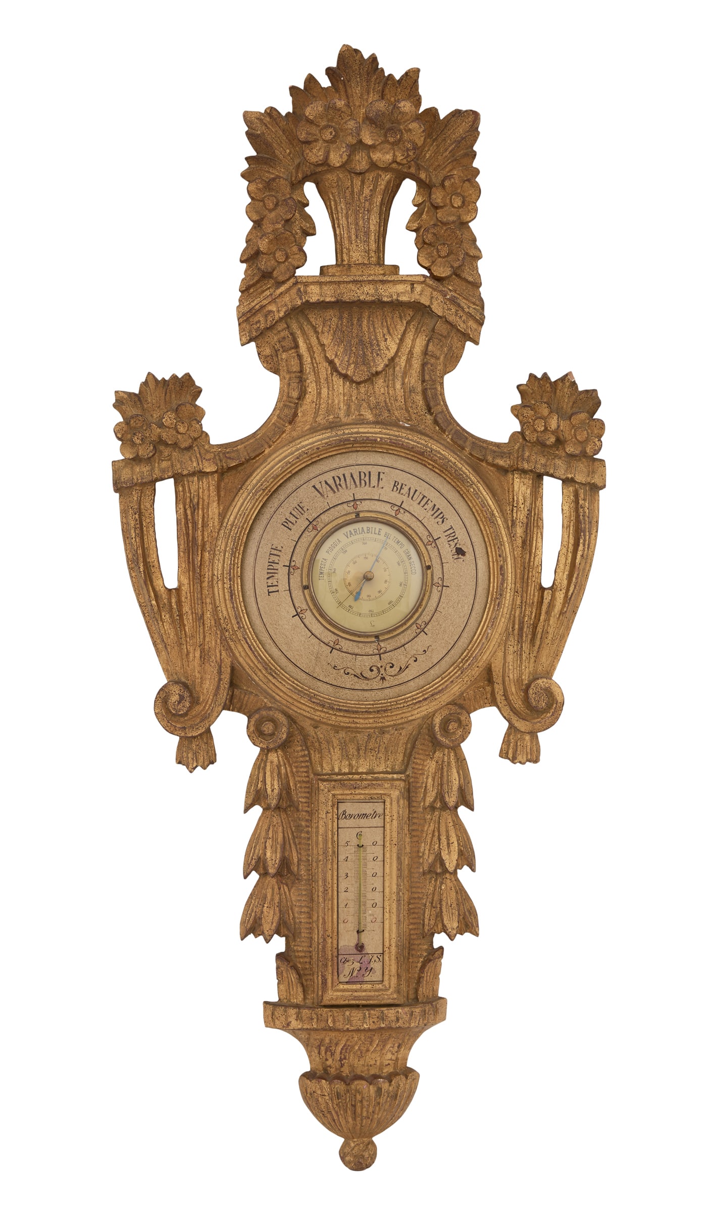 Italian Giltwood Barometer: Italian Giltwood Barometer in the Neoclassical Taste mid-20th century, the foliate-carved urn-form crest over a dial with readings in French, framed with giltwood swagging, the thermometer framed with