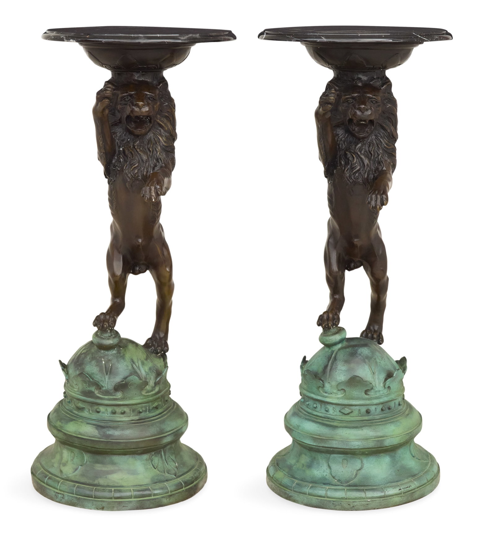 Pair of Marble and Bronze Lion-Form Pedestals: Pair of Marble and Bronze Lion-Form Pedestals the white-veined black marble tops supported on bronze rampant lions, standing on crown-form bases with a green patina, the bases with spurious Aug. Morea