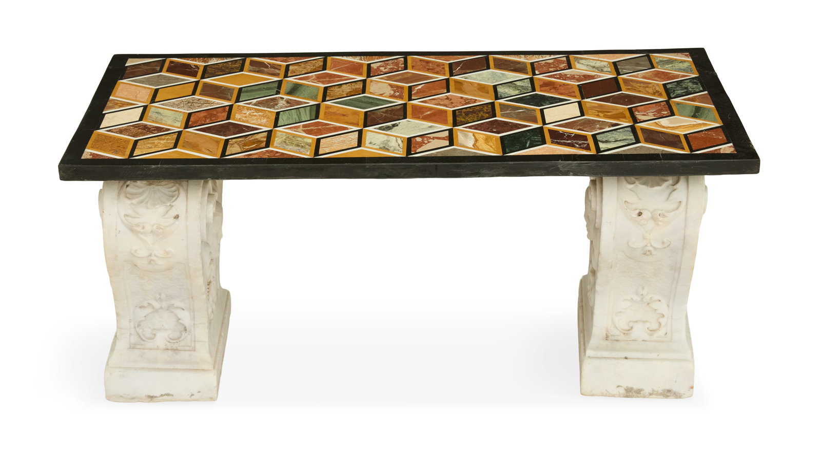 Italian Specimen Marble Coffee Table: Italian Specimen Marble Coffee Table early 20th century, the rectangular top set with inlaid specimen marble squares, resting on a pair of carved Cararra marble standards. h. 17", w. 38", d. 19"