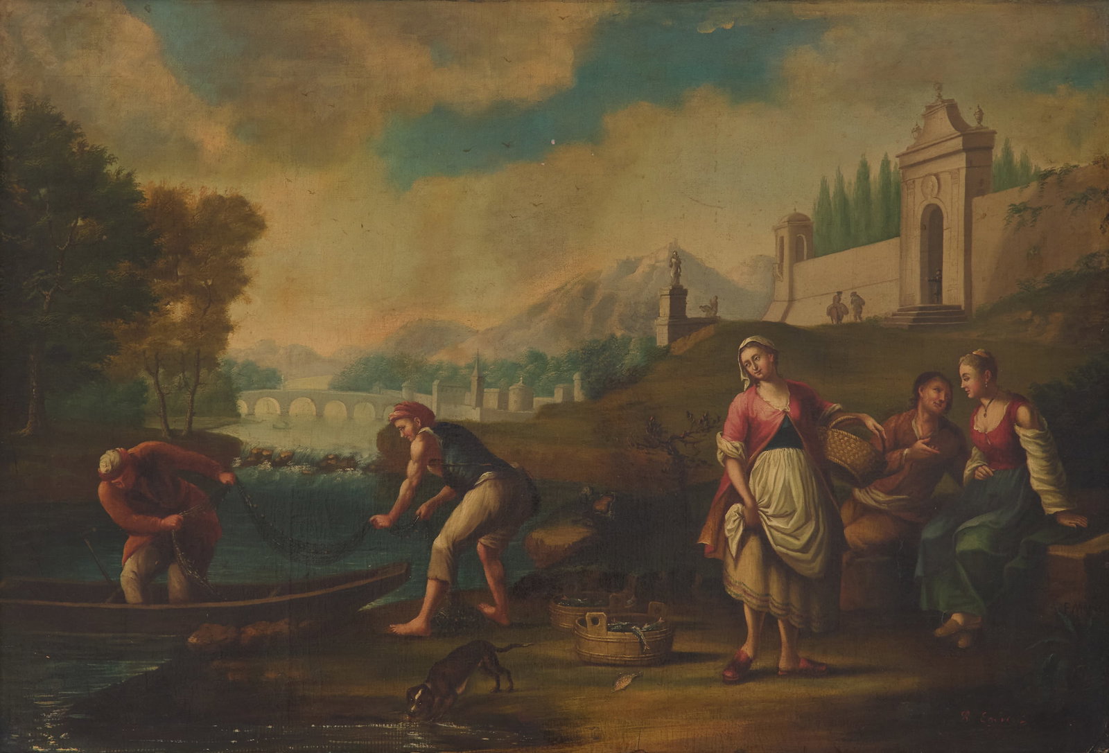 Italian School (19th Century): Italian School 19th Century "Casting the Nets" oil on canvas illegible signature lower right. Framed. 30" x 44", framed 38" x 51-1/2"