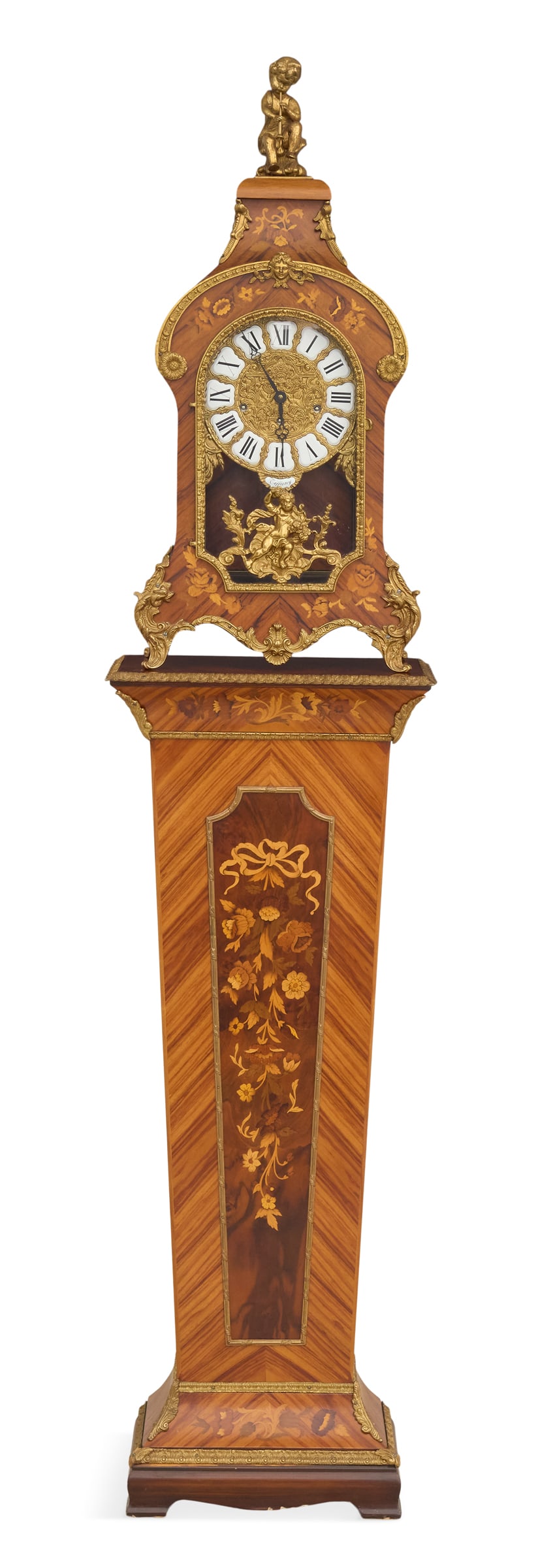Italian Bronze-Mounted and Parquetry-Inlaid Clock: Italian Bronze-Mounted and Parquetry-Inlaid Clock ca. 1982, the clock finial with a bronze putto playing a flute, over a parquetry case inlaid with flowers and trimmed with gilt scrollwork, the bronze