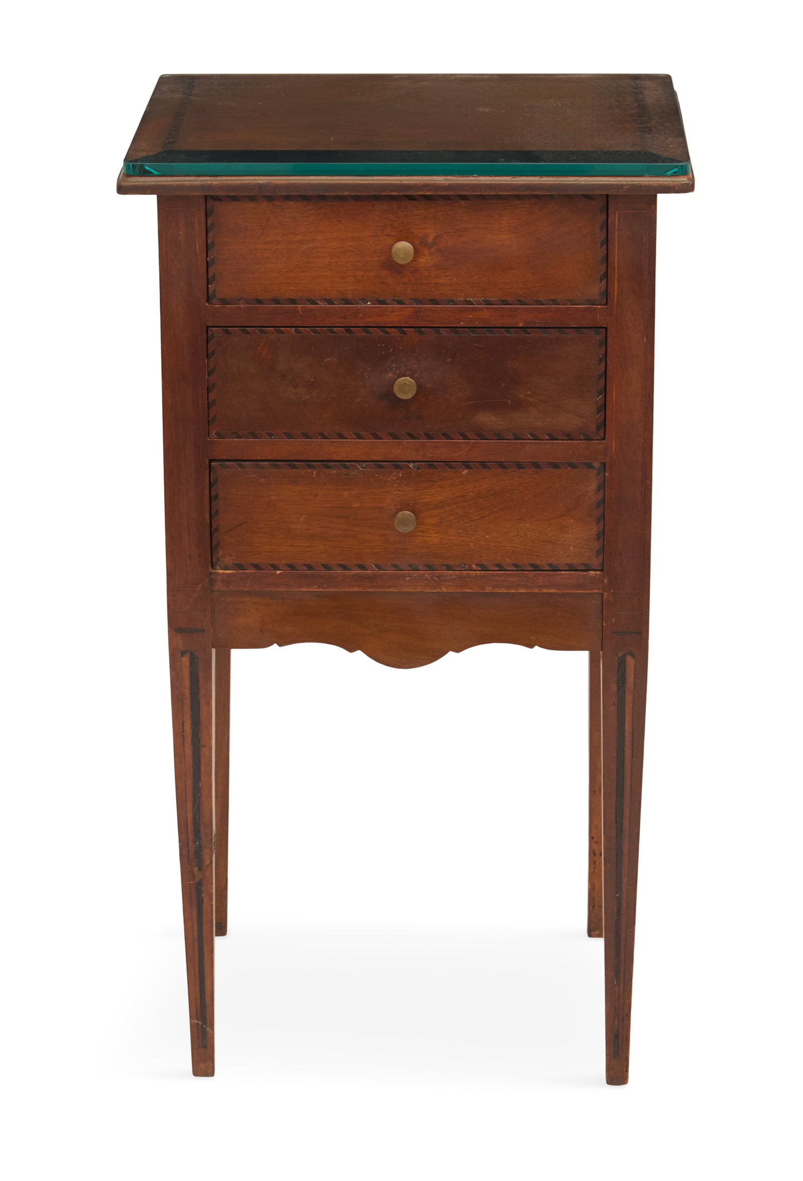 Italian Neoclassical Inlaid Mahogany Side Table: Italian Neoclassical Inlaid Mahogany Side Table 19th century, the top with an inlaid border, the front fitted with three drawers and like-inlaid borders, raised on tapered legs with inlaid details, th