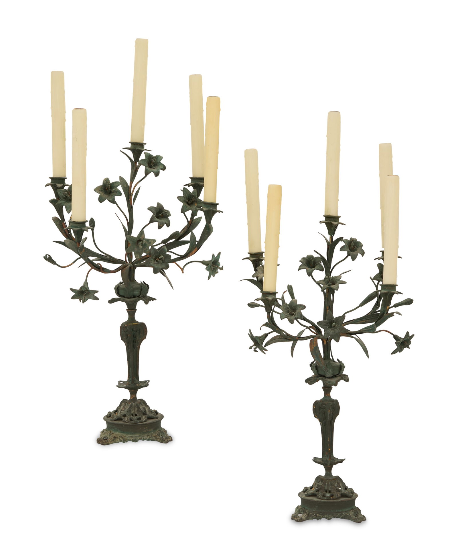 Pair of Patinated Brass Five-Light Candelabra (1 of 2)