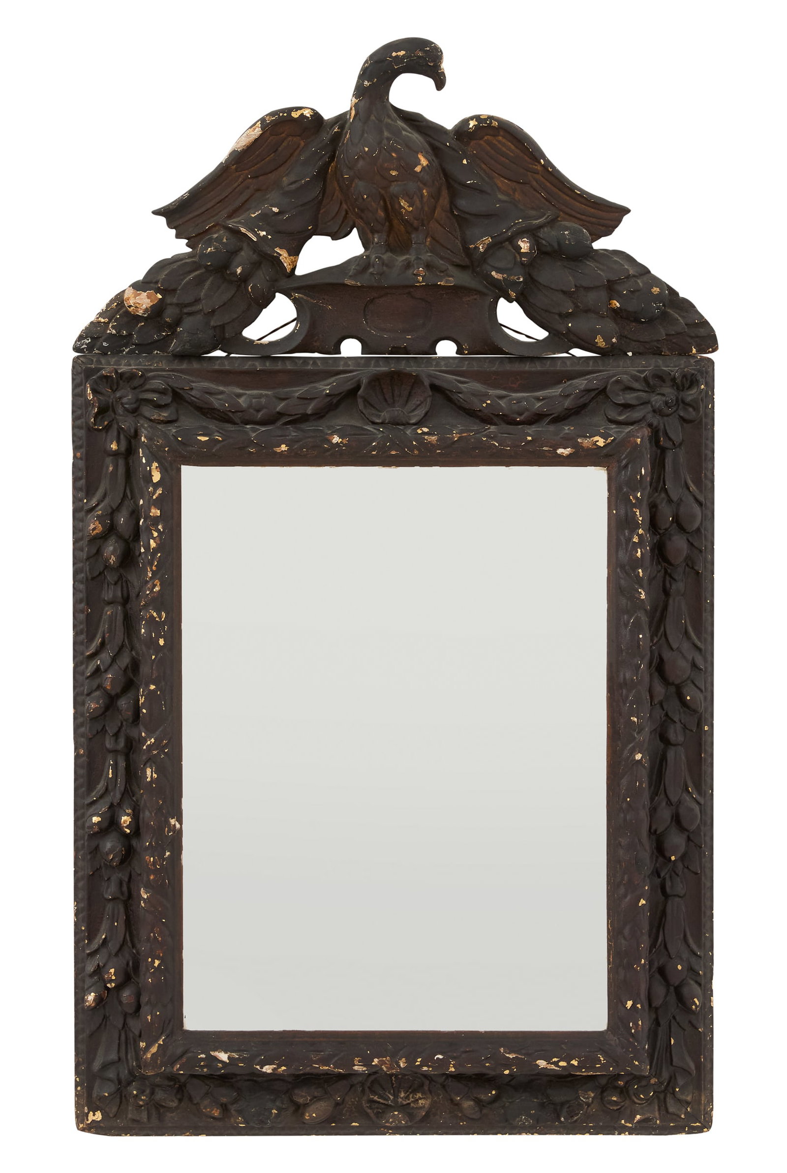 Italian Mirror in the Neoclassical Taste: Italian Mirror in the Neoclassical Taste ca. 1900, the black-painted mirror with an eagle-carved crest, over a surround carved with a shell supporting swags of flowers at the top and swags of fruit on