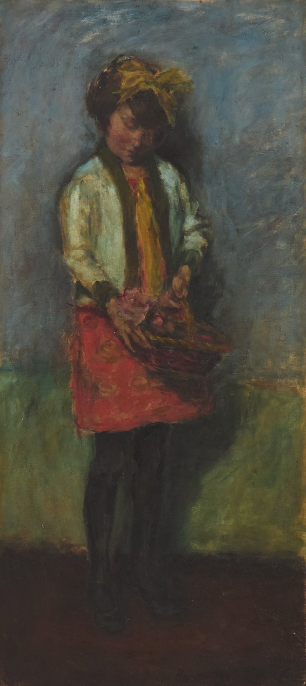 Continental School (20th Century): Continental School 20th Century "Portrait of a Young Girl with Basket" oil on canvas illegibly signed lower right. Framed. 43-1/4" x 19-1/2", framed 50" x 26-1/4" Provenance: The Estate of Marian Cord