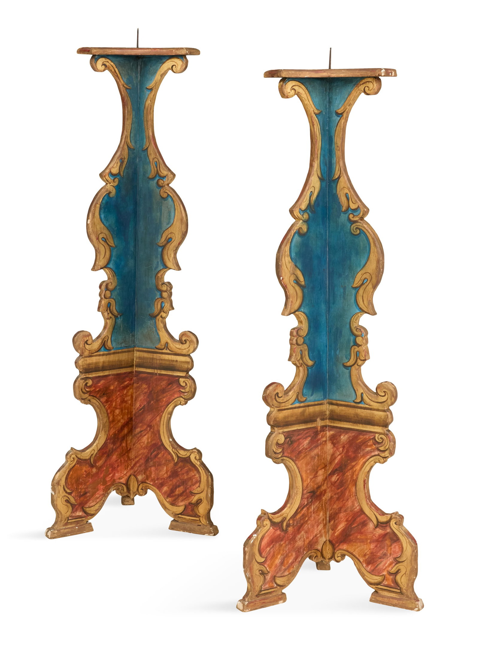 Pair of Italian Painted Pricket Torcheres: Pair of Italian Painted Pricket Torcheres 20th century, the three-sided torcheres with giltwood tops set with central prickets, the supports with scrolled edges accented with gilt, the upper portions 