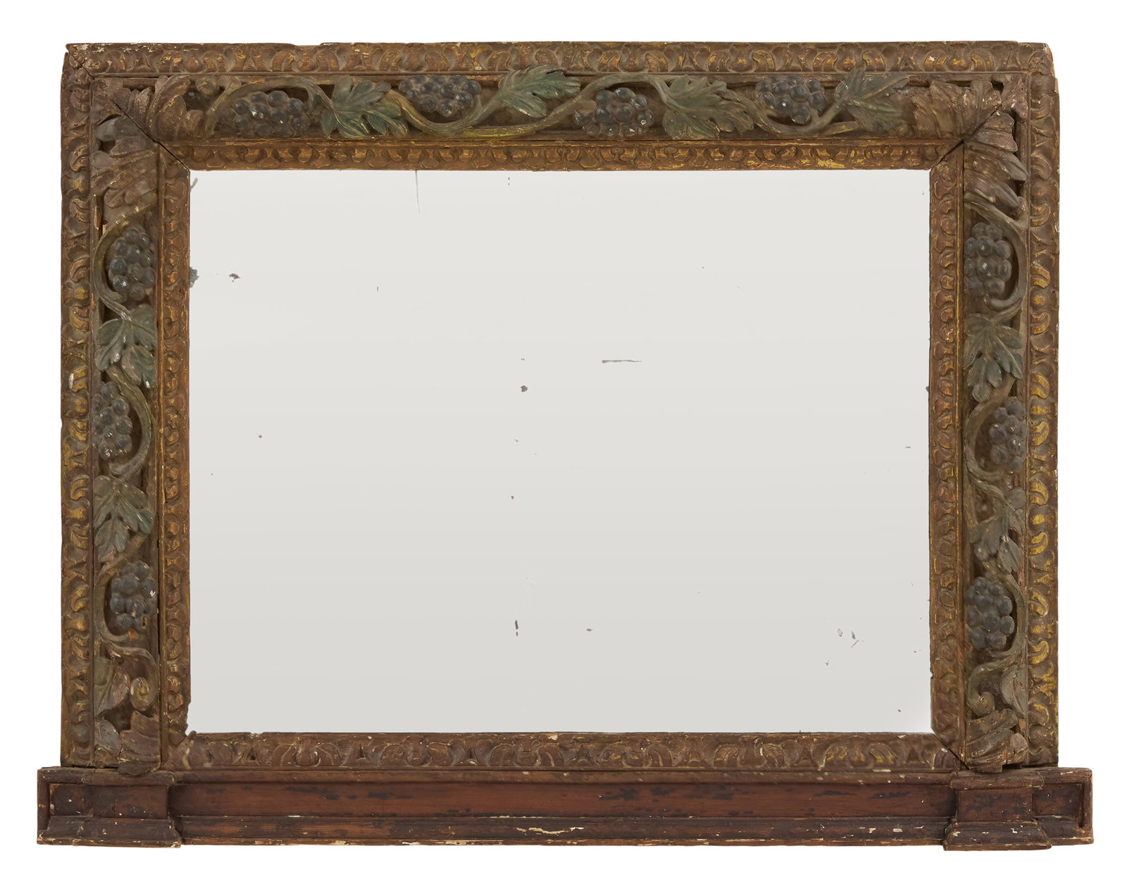 Italian Baroque Painted Overmantel Mirror: Italian Baroque Painted and Parcel-Gilt Overmantel Mirror ca. 1700, the surround decorated with painted grapevines framed with Baroque giltwood scrollwork, the base with crossetted corners. h. 35", w.