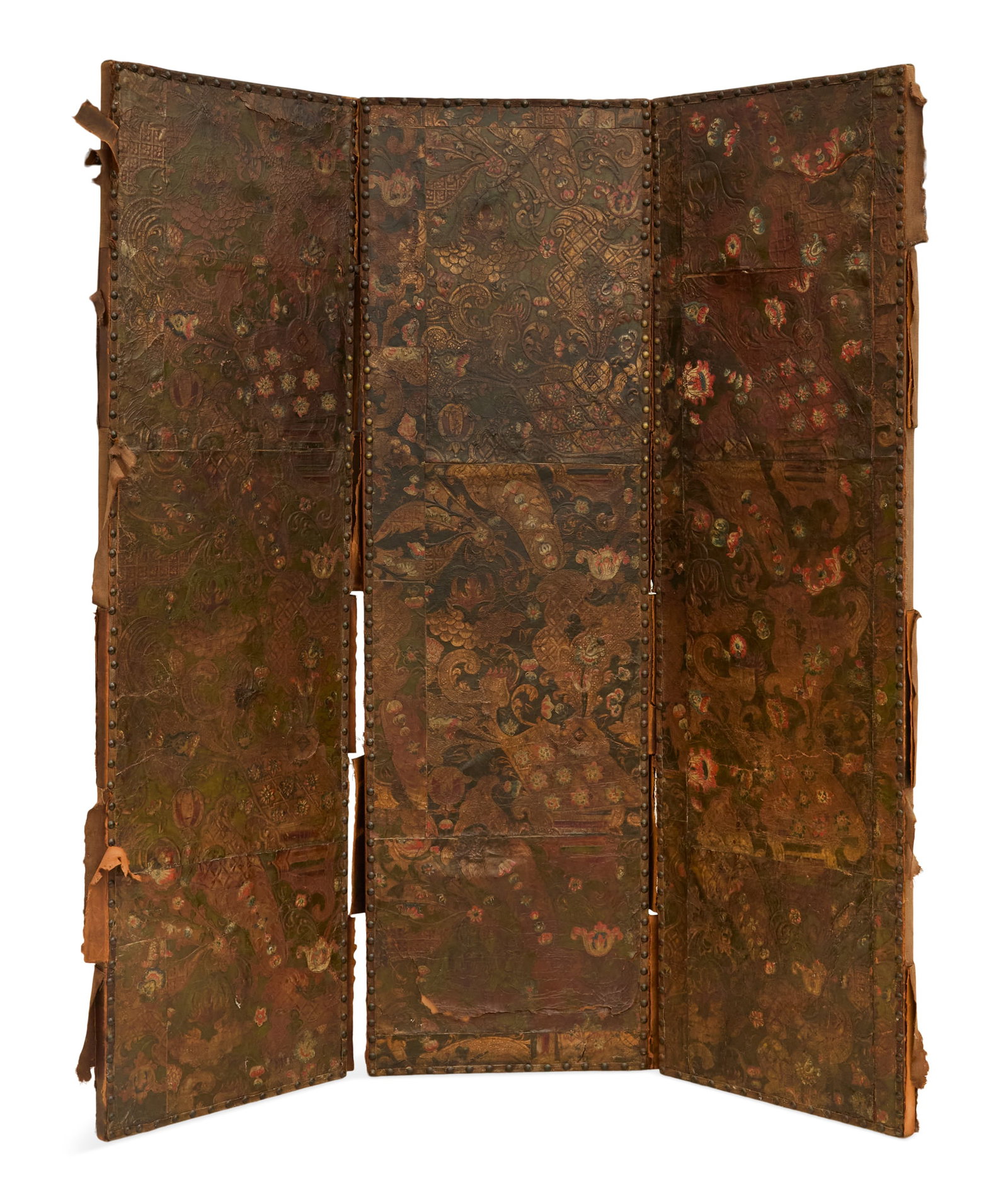 Embossed and Painted Leather Screen: Embossed and Painted Leather Screen the 17th-/18th-century Baroque leather embossed with scrollwork, flowers and pomegranates, decorated with gilt and various colors, applied and nailed in sections to
