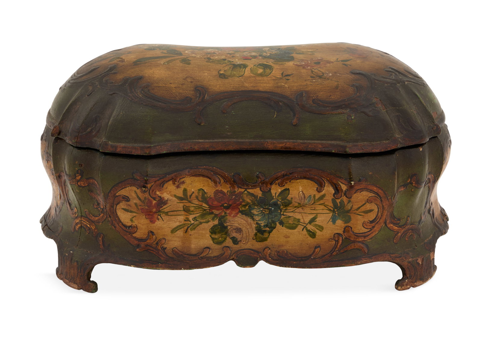 Italian Baroque Revival Polychrome Box: Italian Baroque Revival Polychrome Box 19th century, the reverse serpentine-form box decorated with floral bouquets framed with raised gilt scrollwork, on a dark green ground. h. 6", w. 11-1/2", d. 8-