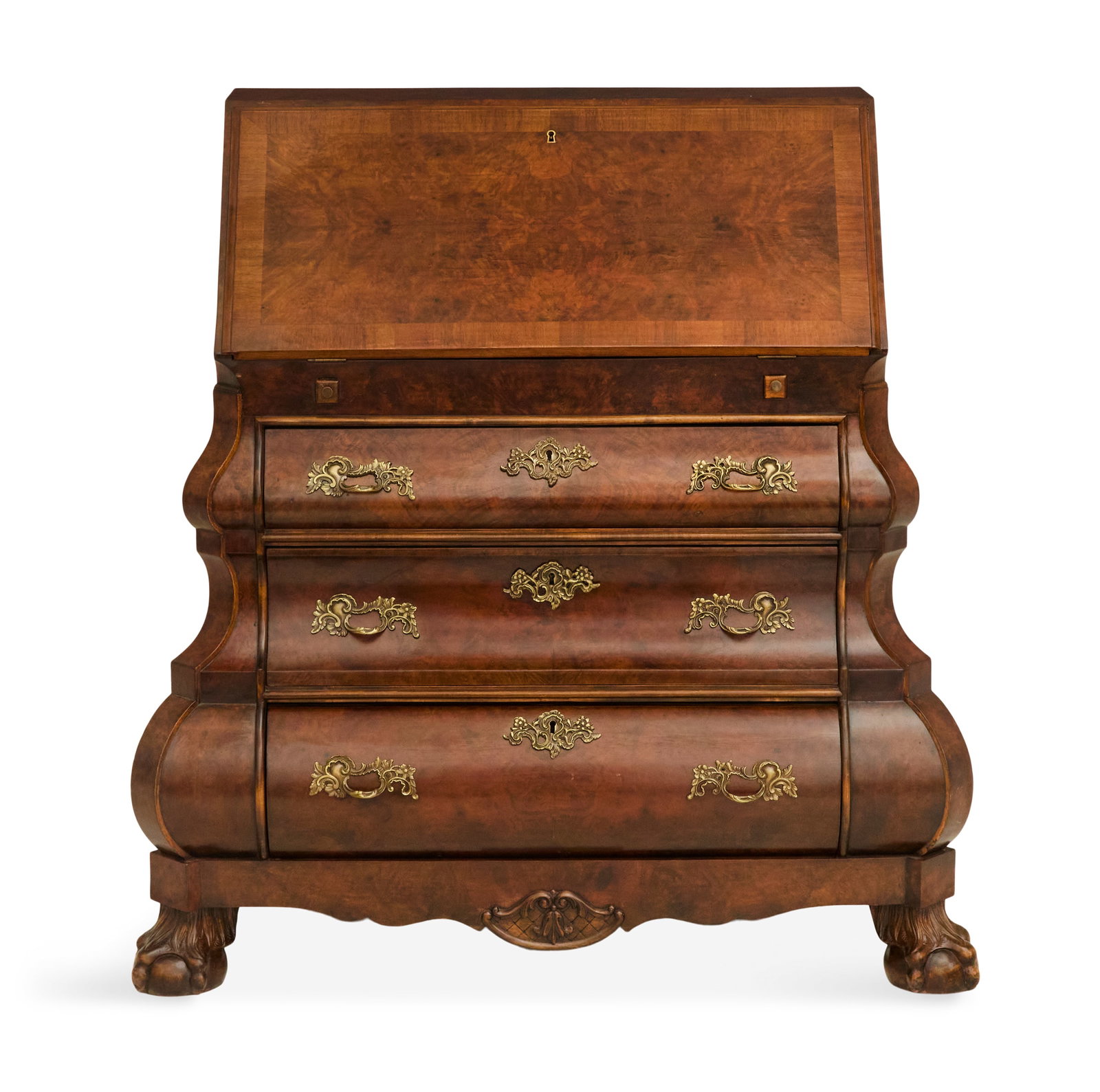 Dutch-Style Burl Walnut Bombe Slant-Lid Desk: Dutch-Style Burl Walnut Bombe Slant-Lid Desk 20th century, the lid opening to a fitted interior with a central slide, over three conforming drawers, raised on ball-and-claw feet. h. 40-1/2", w. 40", d