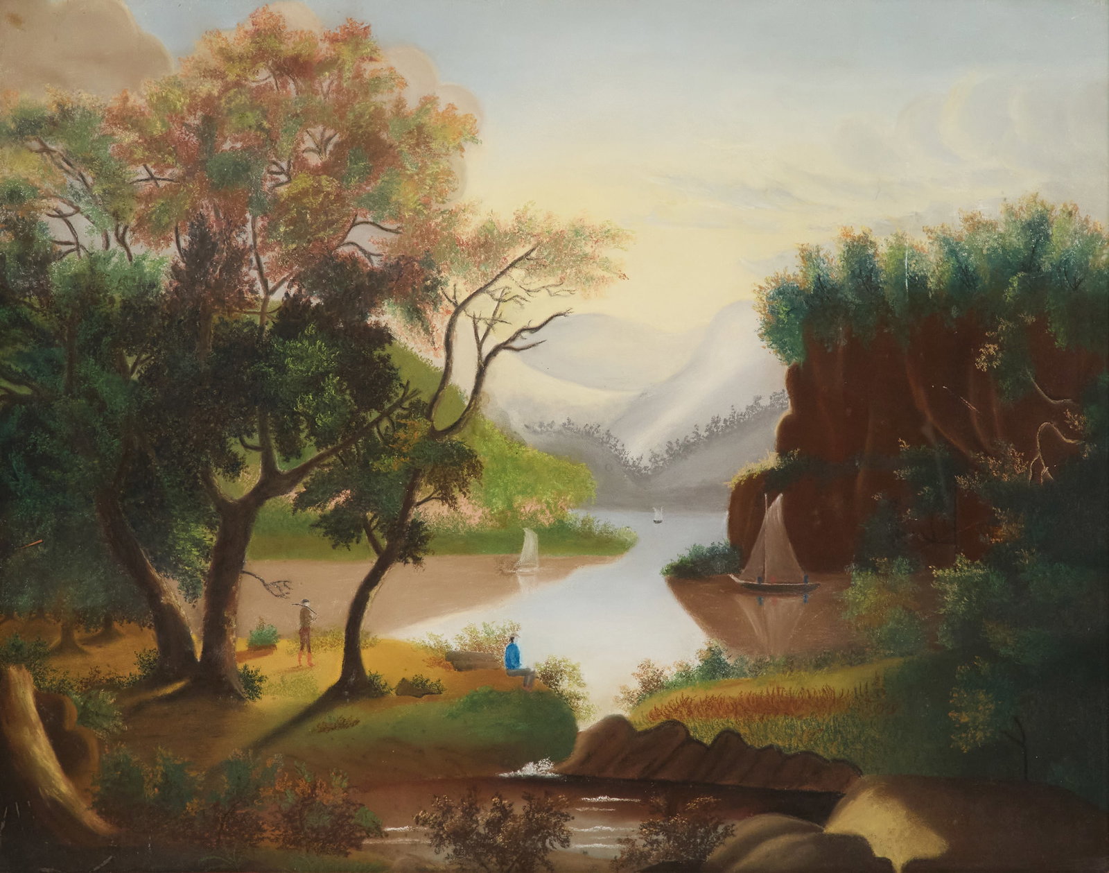 British School (ca. 1900): British School ca. 1900 "Mountain River Valley with Figures" pastels on paper unsigned. Matted, glazed and framed. sight 21-1/2" x 27-3/4", framed 28" x 34" Provenance: The collection of Clarence G. O