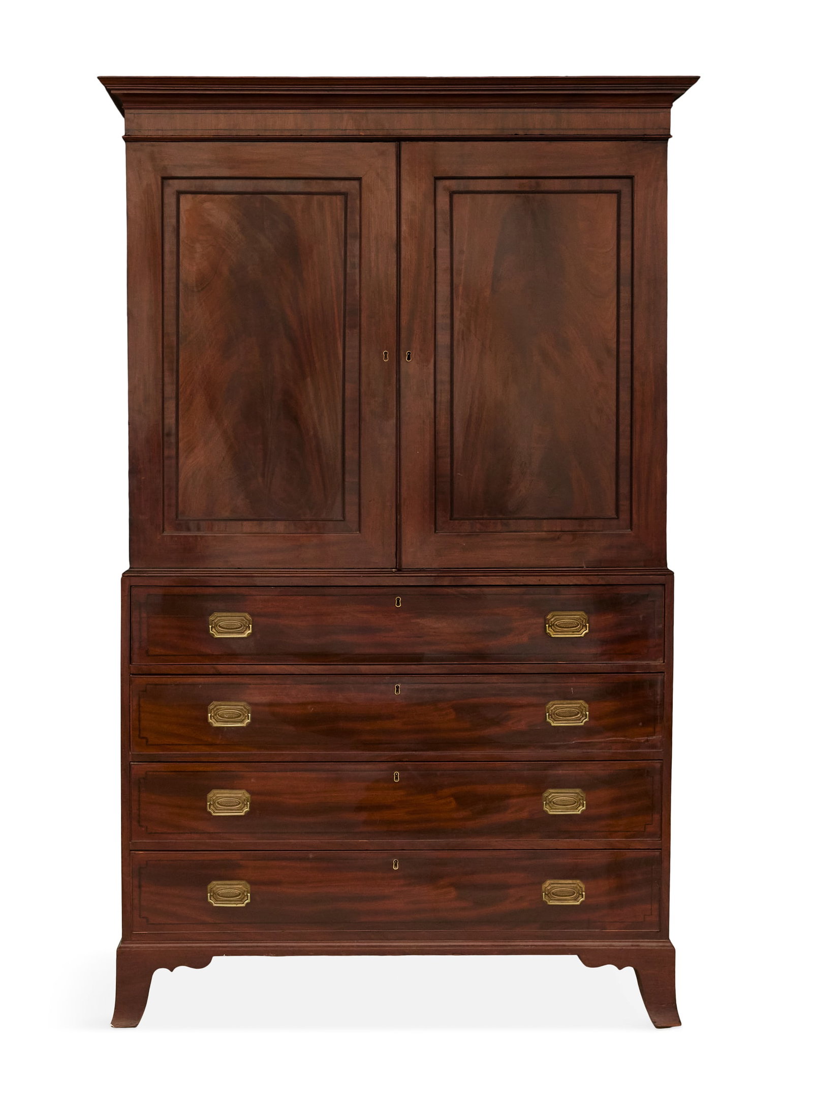 Regency Mahogany Linen Press/Butler?s Secretary: Regency Mahogany Linen Press/Butler?s Secretary 19th century, the molded cornice above a case fitted with two paneled doors, opening to pull-out shelves and two small lower drawers, the lower section 