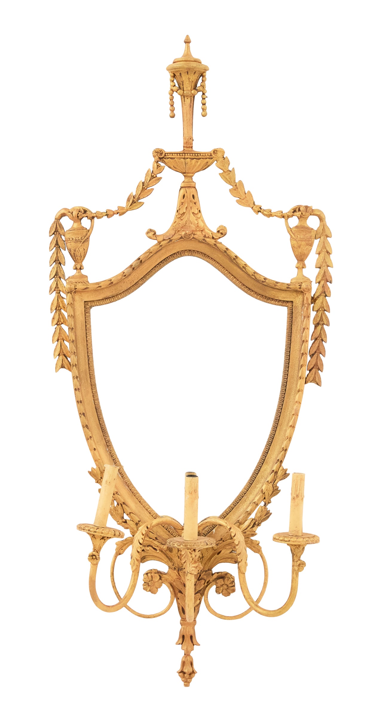 English Giltwood Girandole in the Adam Taste: English Giltwood Girandole in the Adam Taste early 20th century, the shield-form mirror set with center and side urn-form finials, hung with swags of laurel leaves, the base with scrolled candle arms 