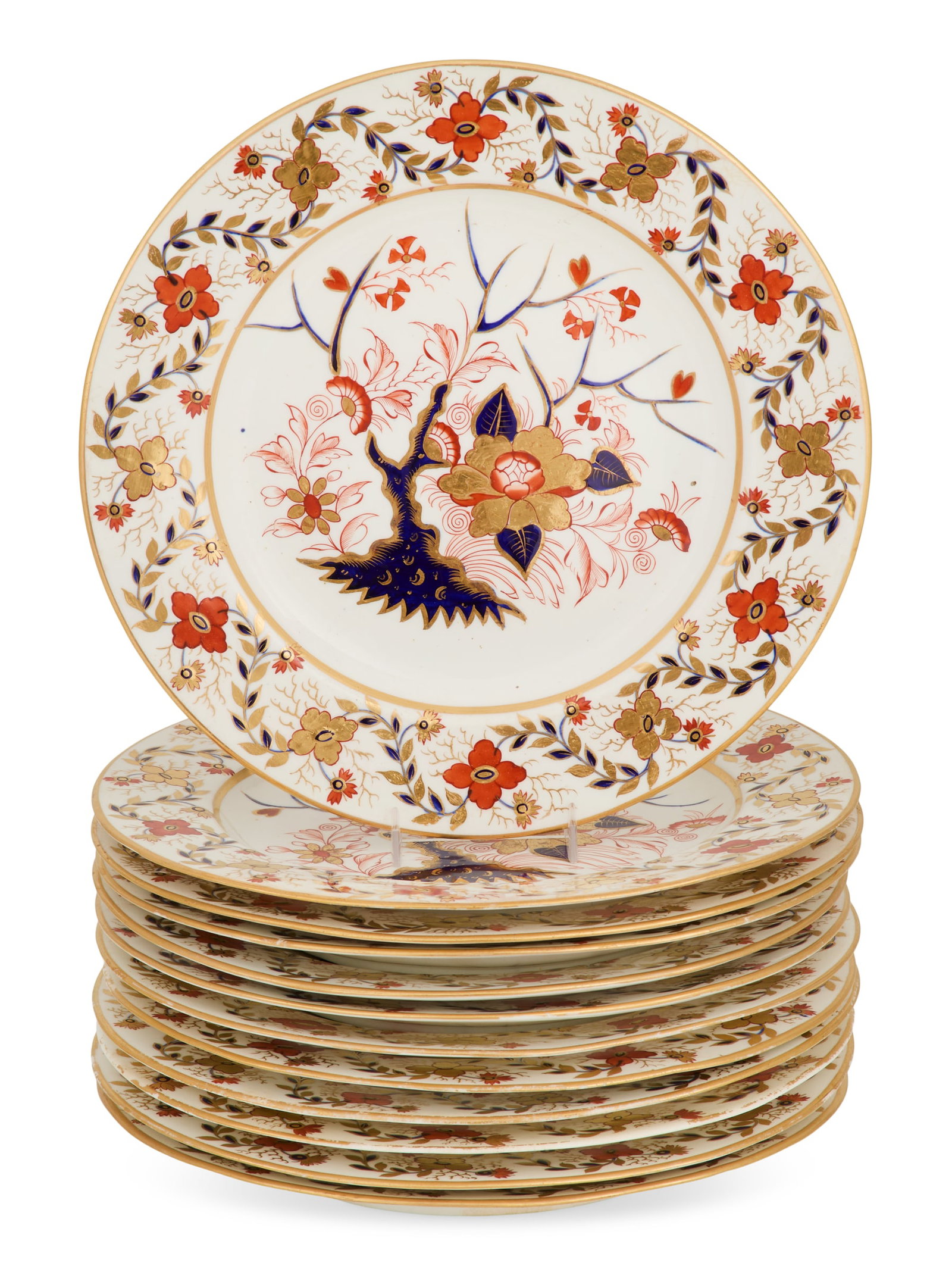 Twelve Derby "Tree of Life" Dinner Plates: Set of Twelve Derby Porcelain "Tree of Life" Dinner Plates ca. 1806-1826, in the Imari palette, the backs with red Derby crossed baton marks. dia. 10"
