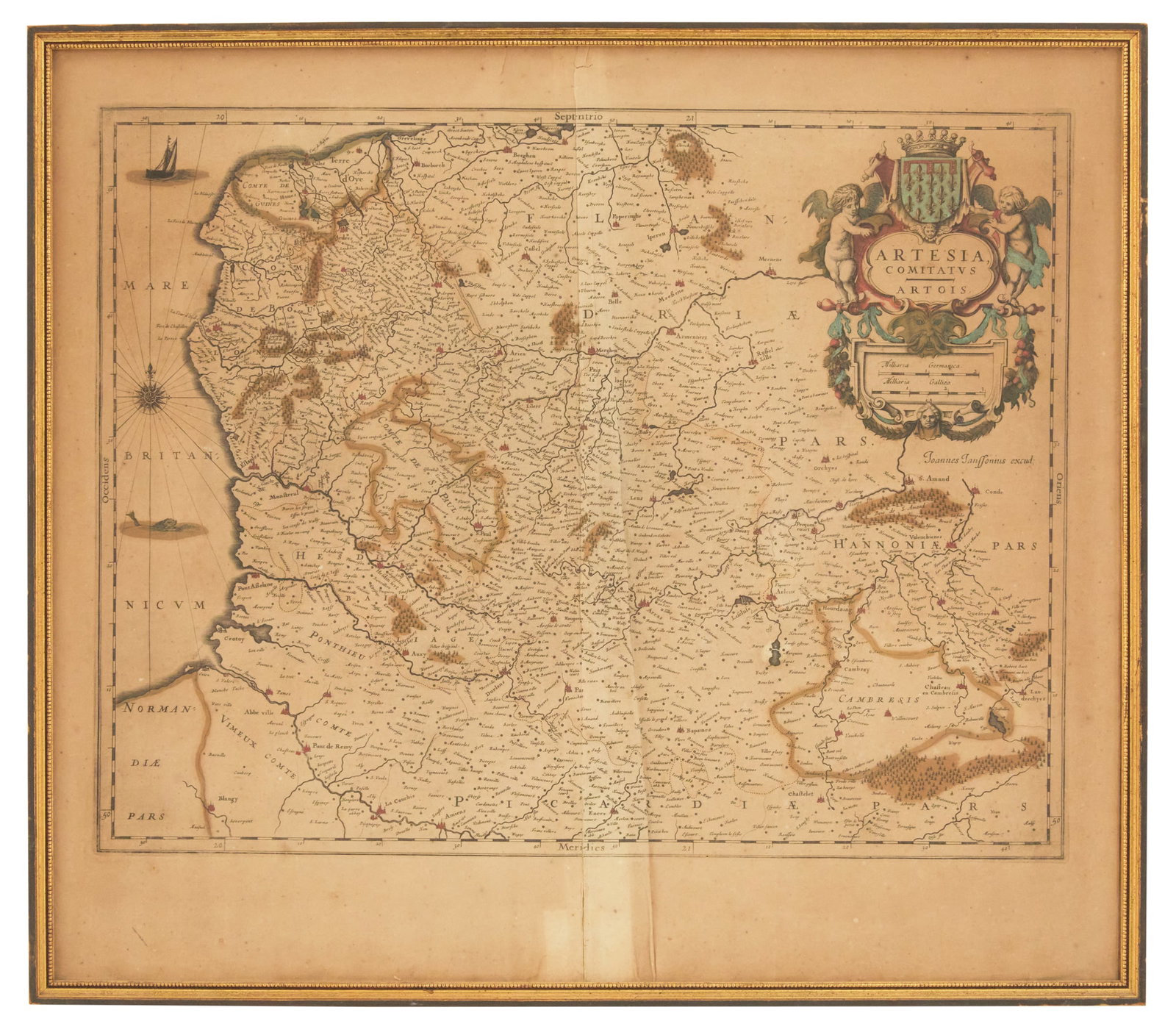 Hand-Colored Map of Artesia: Hand-Colored Map of Artesia 17th century or later, the woven paper decorated with a handsome shield-form cartouche with a pair of cherubs flanking a French coat of arms, signed by Dutch cartographer J