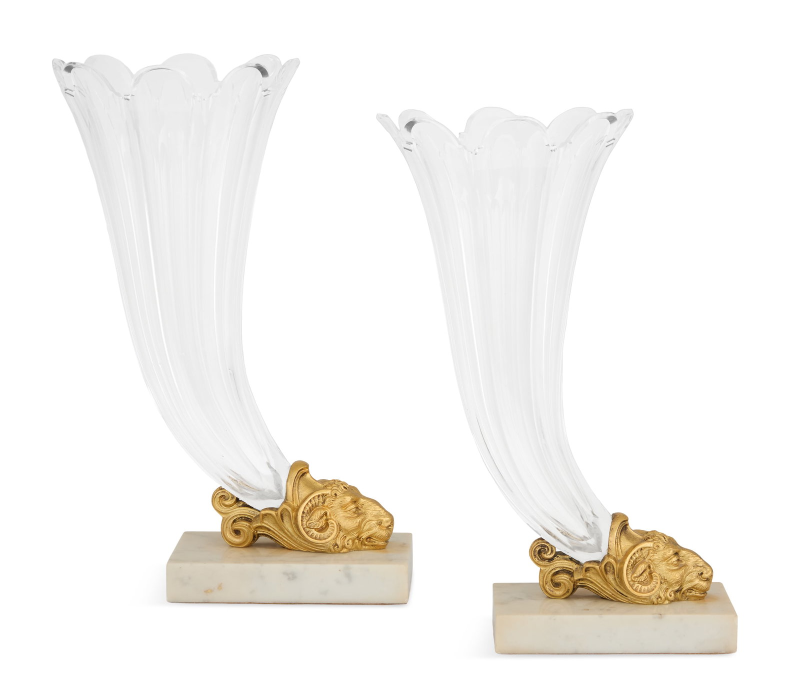 Pair of English Cut-Crystal Rhyton-Form Vases: Pair of English Cut-Crystal Rhyton-Form Vases second quarter 19th century, the panel-cut trumpet-form vases with scalloped rims and set into molded gilt-bronze ram's-head mounts, on rectangular marble