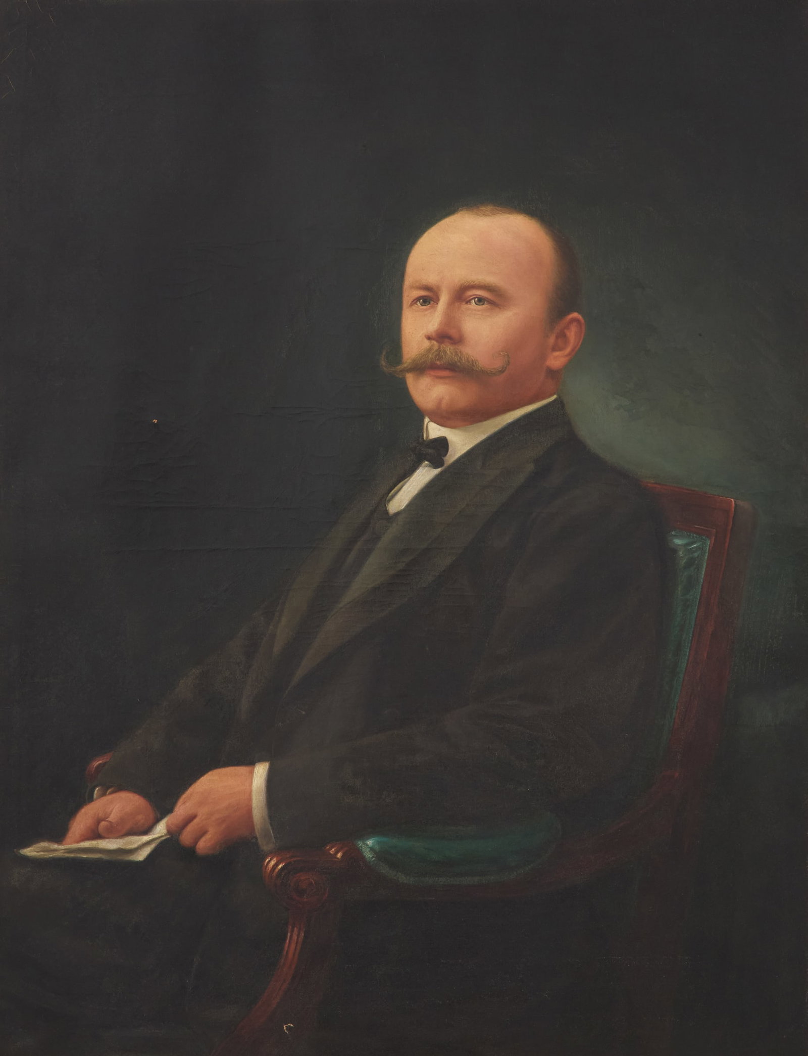 Belgian School (20th Century): Belgian School 20th Century "Portrait of a Man" oil on canvas with a "Los Angeles Fine Art Gallery" label en verso, alleging it is signed "J. Abeloos" and dated 1908. Framed. 45-1/2" x 35-1/2", framed
