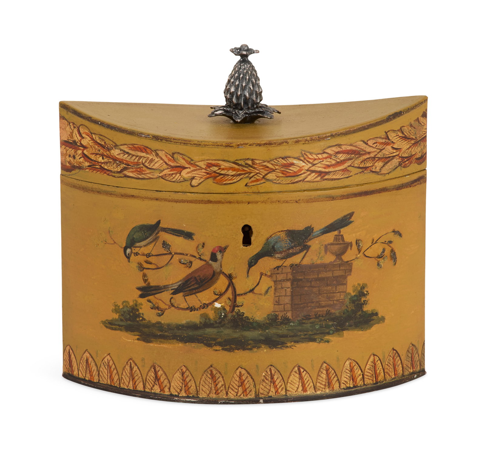 English Tole Navette-Form Tea Caddy: English Tole Navette-Form Tea Caddy ca. 1800, painted with birds on a mustard ground, trimmed with giltwood leaves and penwork details. h. 4-1/4", w. 5-1/2", d. 3"