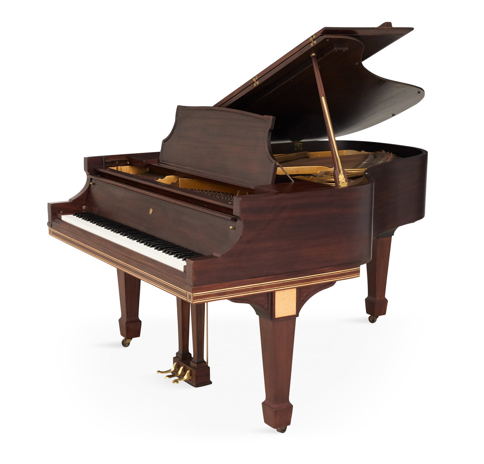 Mehlin & Sons Mahogany Baby Grand Piano: Mehlin & Sons, New York, Mahogany and Bird's-Eye Maple Baby Grand Piano ca. 1936, of traditional form, bearing the serial number 44089, raised on tapered square legs with inset bird's-eye maple panels