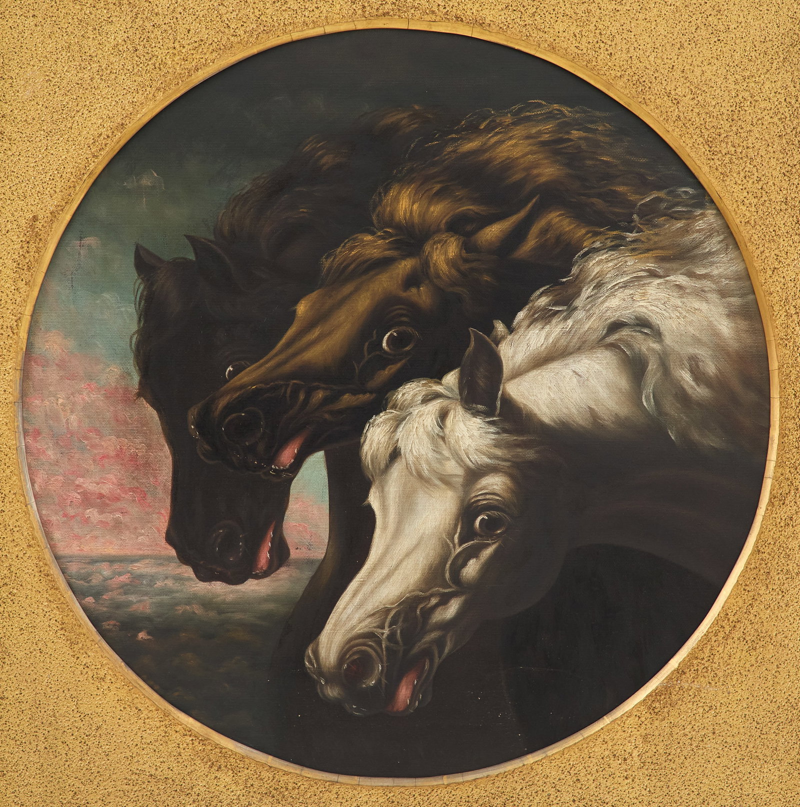 After John F. Herring, Jr. (British, 1815-1907): After John Frederick Herring, Jr. (British, 1815-1907) "The Pharaoh's Horses" oil on canvas first quarter 20th century, unsigned. In an oval-aperture frame. 28" x 28", framed 36" x 36"