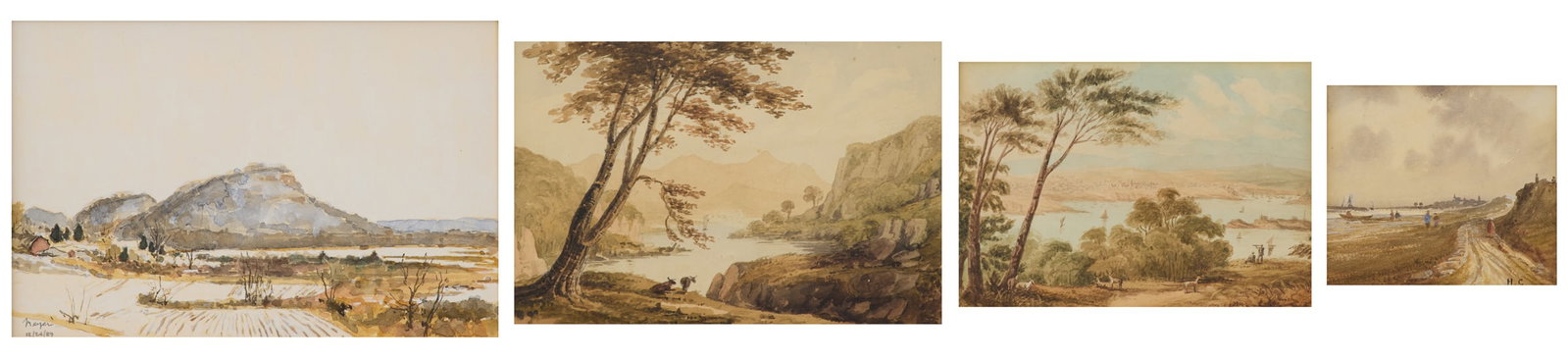 British School (19th Century and Later): British School 19th Century and Later "Group of Four Landscapes" watercolors on paper one signed "Meyer" and dated "89" lower left, one initialed "HC" lower right, and two unsigned. Each matted, glaze