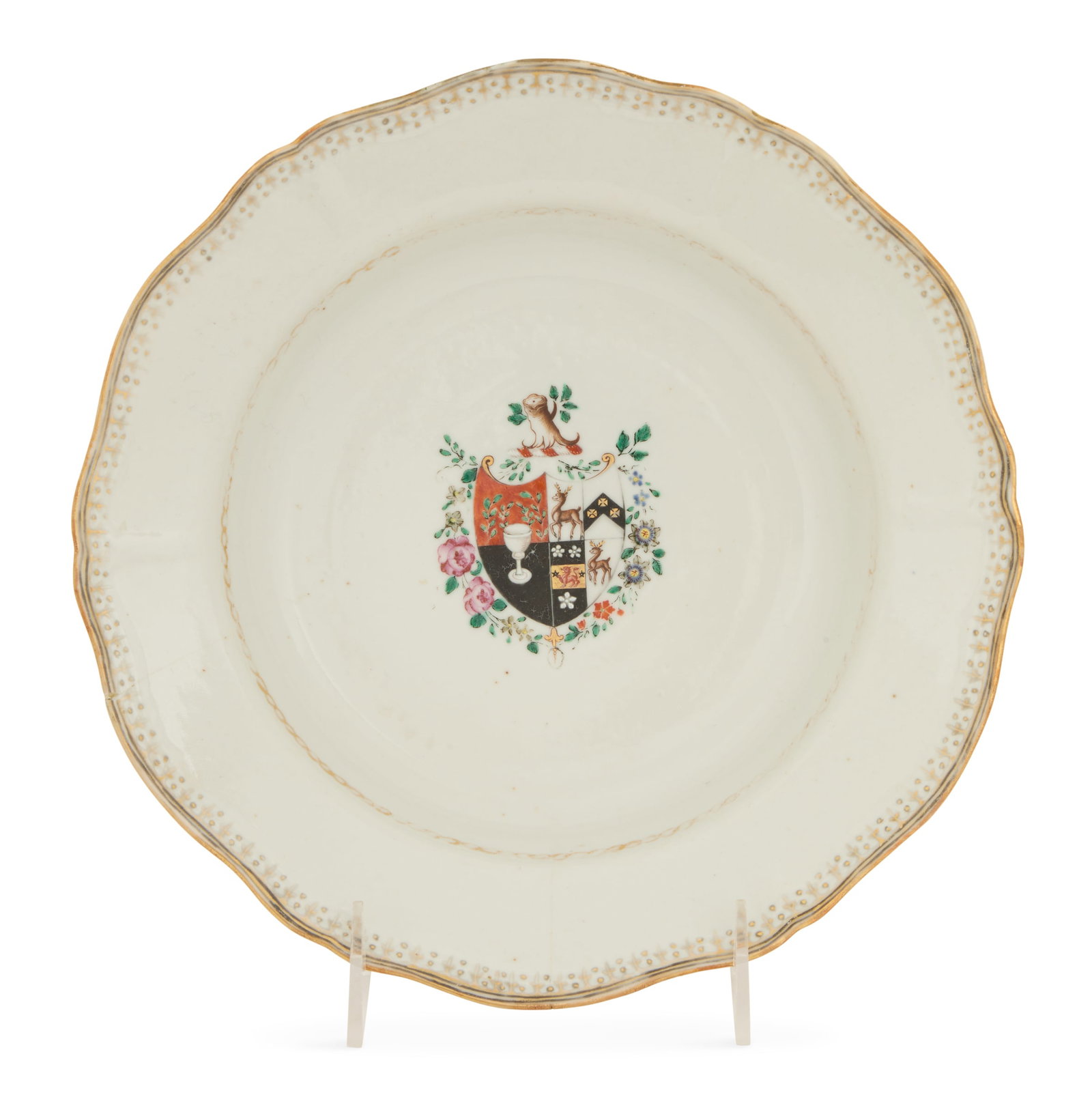 Chinese Export Porcelain Armorial Soup Plate: Chinese Export Porcelain Armorial Soup Plate ca. 1775, Chien Lung period, decorated with the arms of Laurie impaling Holme quartering Beaufoy and Lamb, with a gilt lancet border. dia. 9" Note: David S