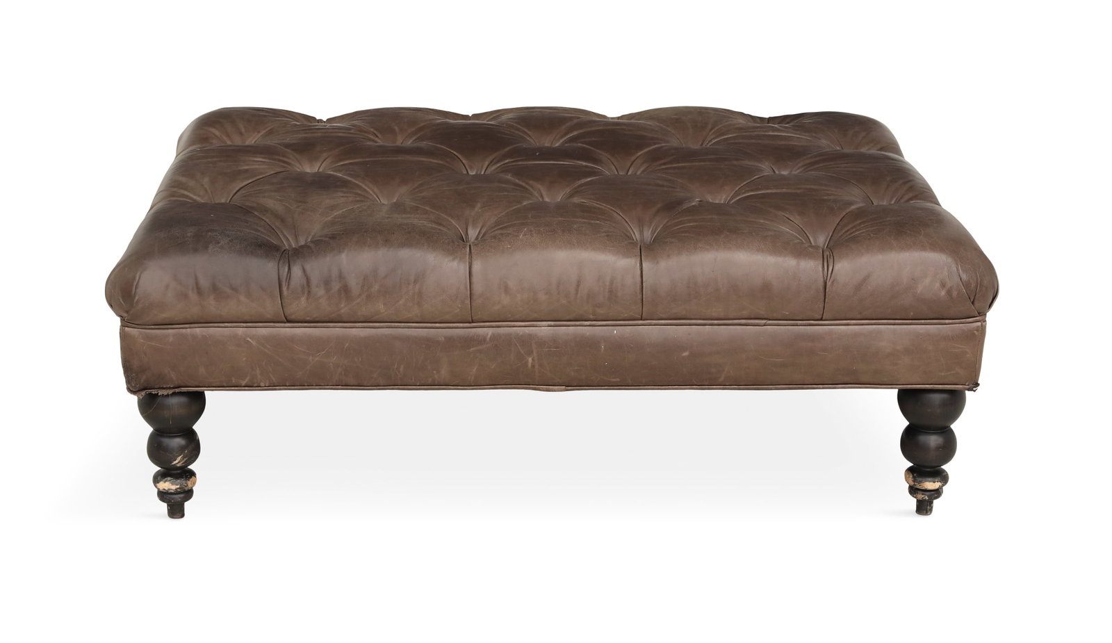 William IV-Style Upholstered and Mahogany Ottoman: William IV-Style Upholstered and Mahogany Ottoman the padded and tufted rectangular top raised on bulbous waisted legs to toupie feet. h. 17", w. 50", d. 37"