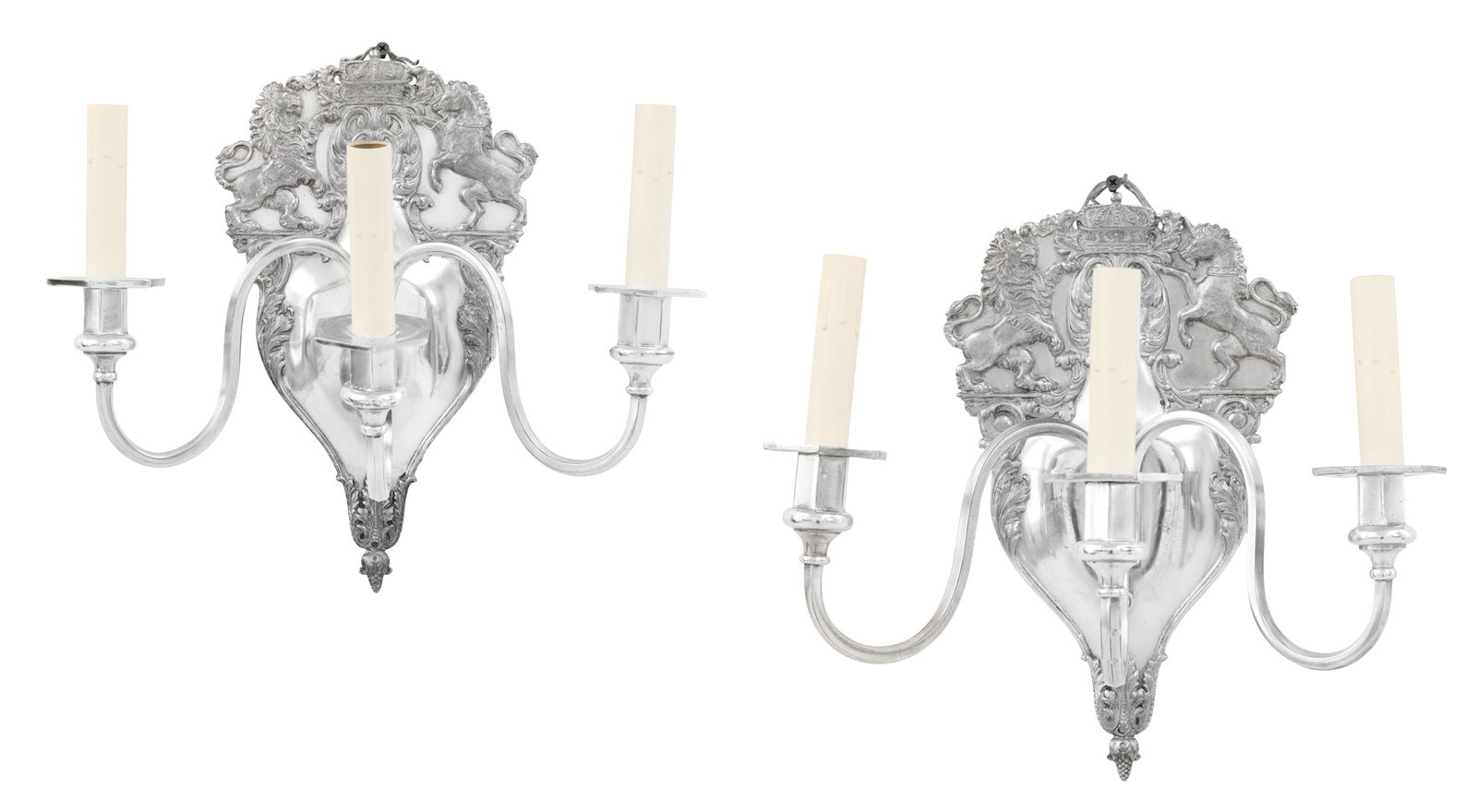 Pair of English Baroque-Style Silverplate Sconces: Pair of English Baroque-Style Silverplate Sconces 20th century, the backplates molded with British royal arms and trimmed in scrollwork, each set with a trio of faceted and scrolled candle branches, s
