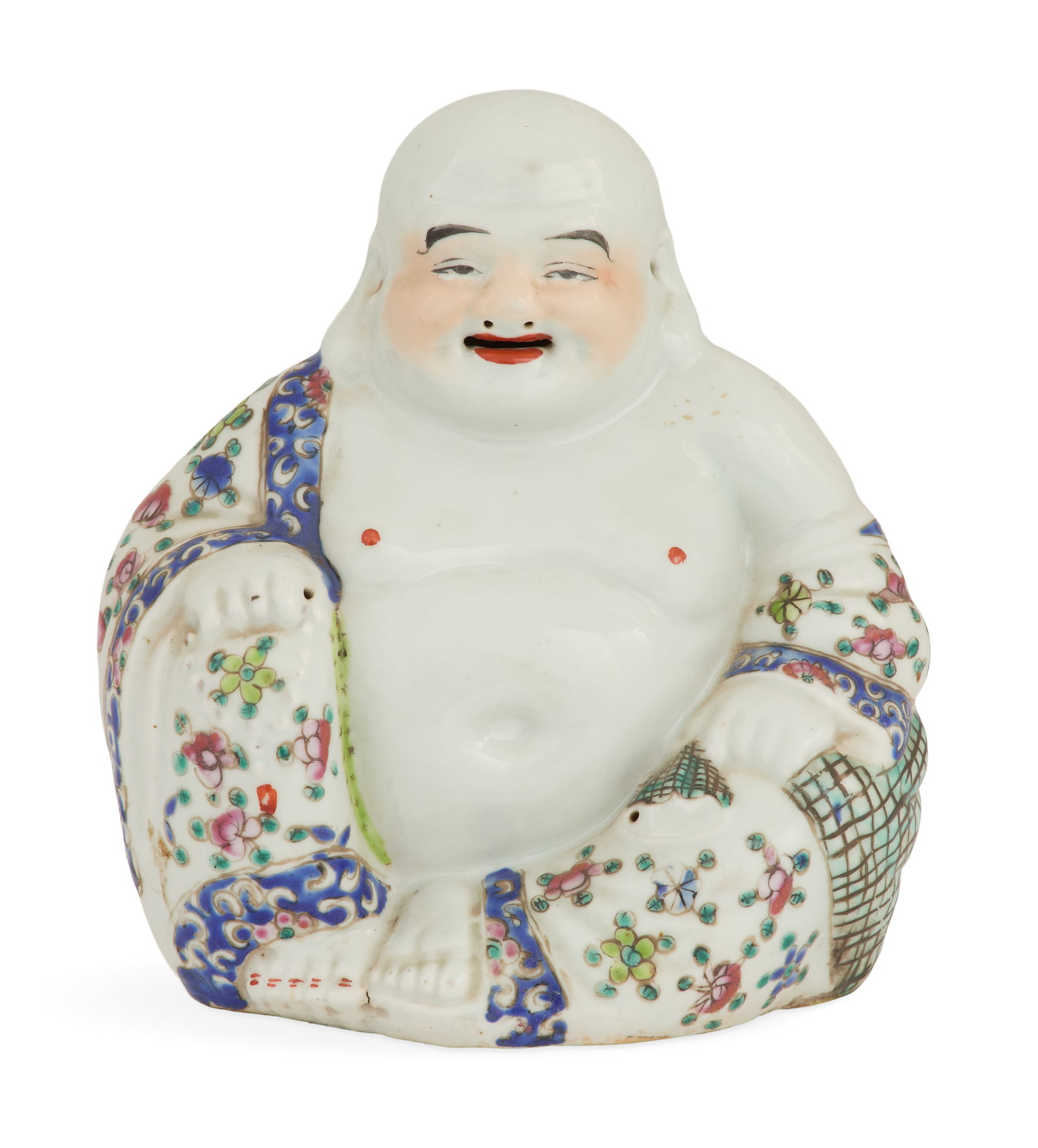 Qing Dynasty "Laughing Buddha": Qing Dynasty "Laughing Buddha" late 19th century, the seated Happy Buddha decorated in the famille rose palette, with scattered pink and green raised flowers, his robe with blue trim. h. 8", w. 6-1/2"