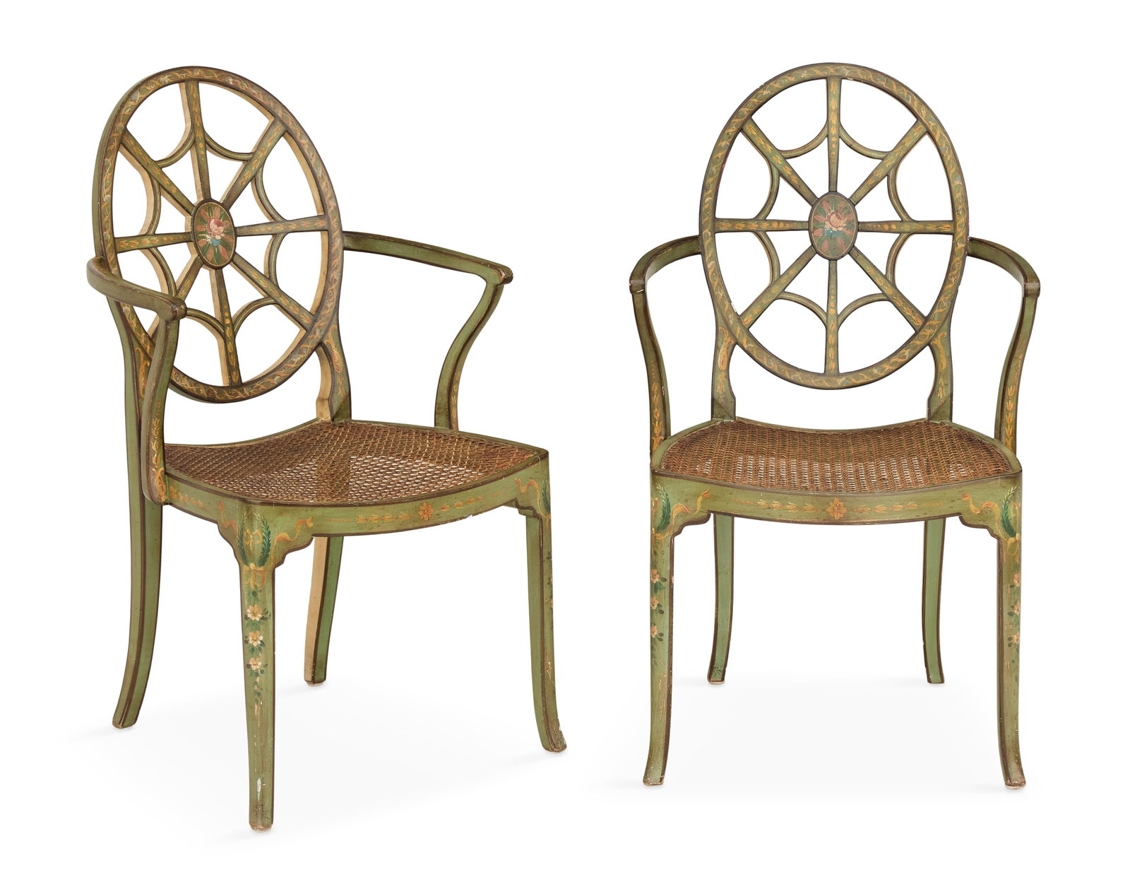 Pair of Painted "Spider Back" Armchairs: Pair of Painted "Spider Back" Armchairs early 20th century, after a design by Sir Edwin Lutyens, the green-painted chairs with pierced oval backs decorated with roses, ribbons and bellflowers, the arm