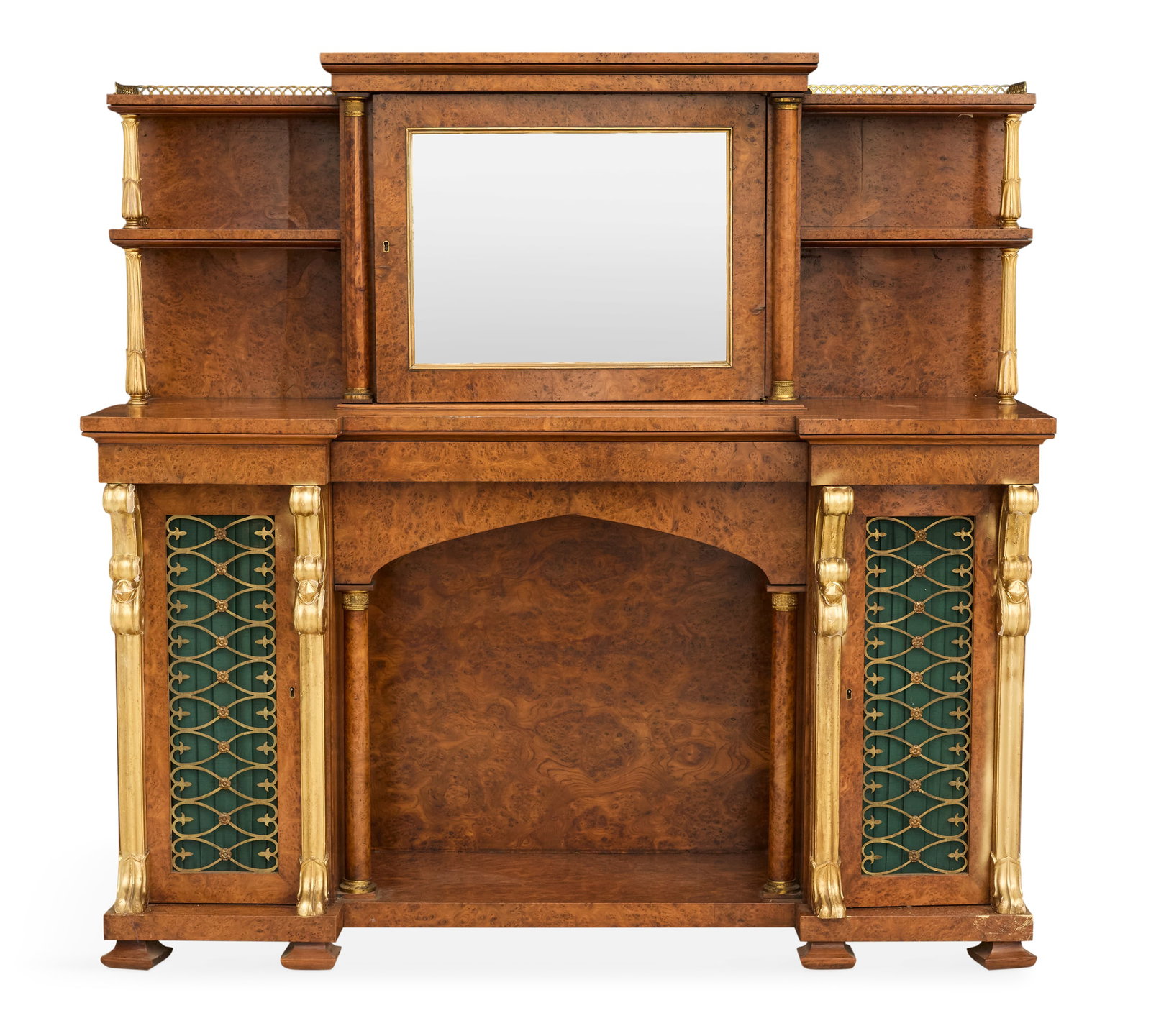 Regency Amboyna Wood Cabinet: Regency Amboyna Wood Cabinet 19th century, the upper section centered by a mirrored door and open shelves to each side, the top with pierced-brass galleries, the base with an open section in the middl