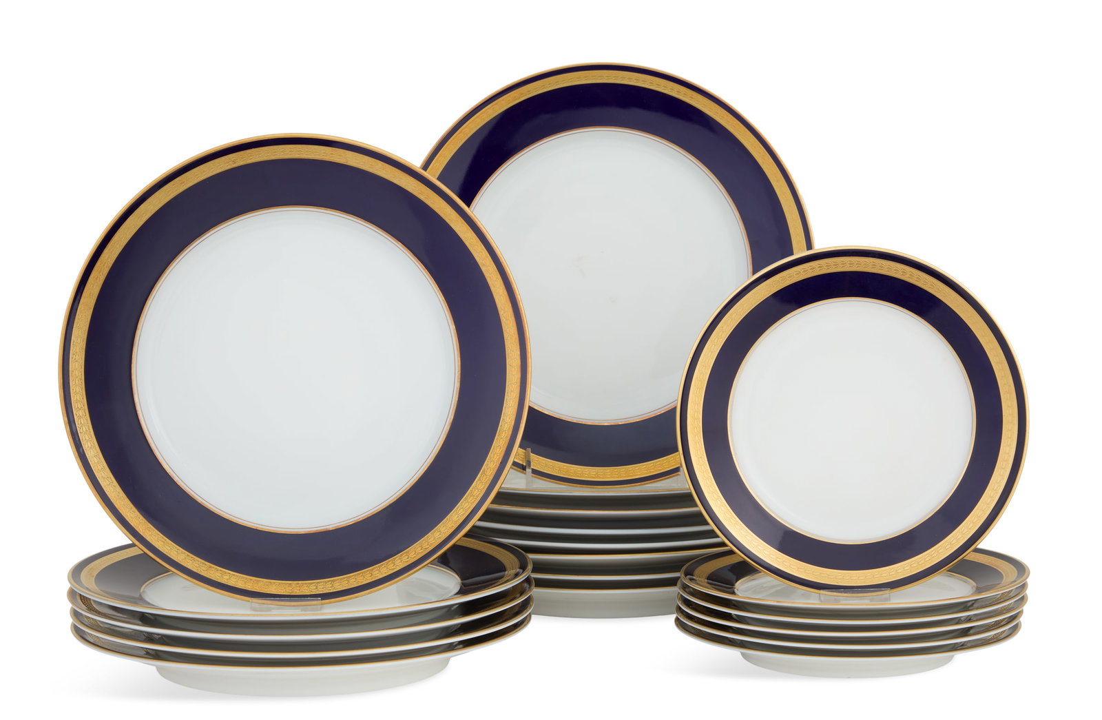 Rosenthal "Eminence Cobalt Blue" Porcelain Plates: Rosenthal "Eminence Cobalt Blue" Porcelain Plates ca. 1962-2009, Germany, including twelve dinner plates, dia. 10-1/2", and six salad/dessert plates, dia. 8".
