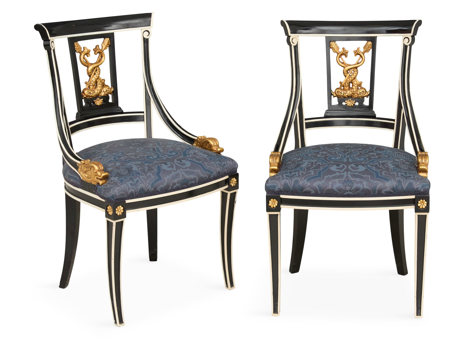 Pair of Regency-Style Ebonized Side Chairs: Pair of Regency-Style Ebonized and Parcel-Gilt Side Chairs each with a pair of intertwined stylized dolphins forming the back splat, with down-curved arms ending in gilt dolphin heads, raised on