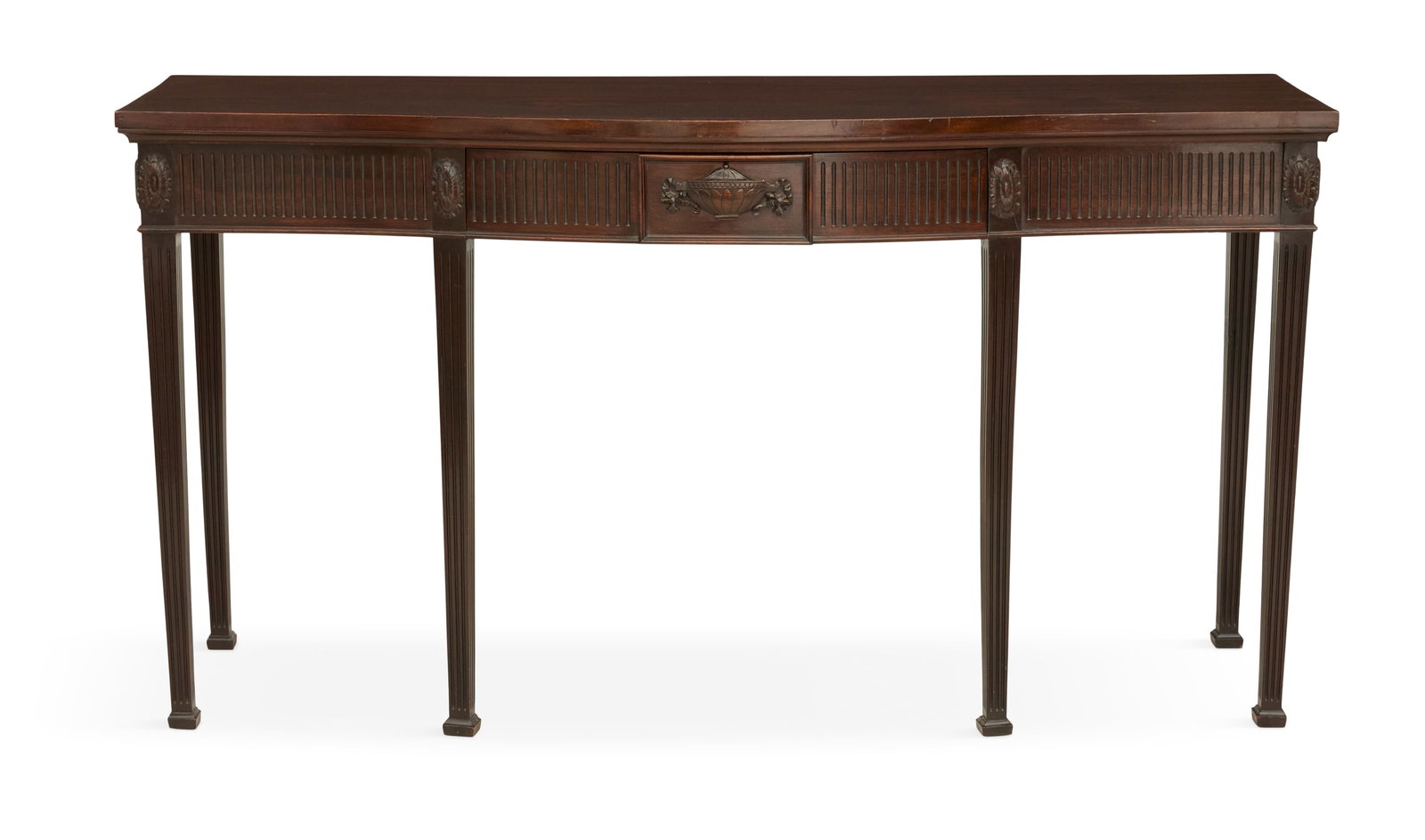Regency-Style Mahogany Side Table: Regency-Style Mahogany Side Table early 20th century, the rectangular top with a bowed center section, above a conforming fluted frieze fitted with a single drawer, centered by a carved urn, raised