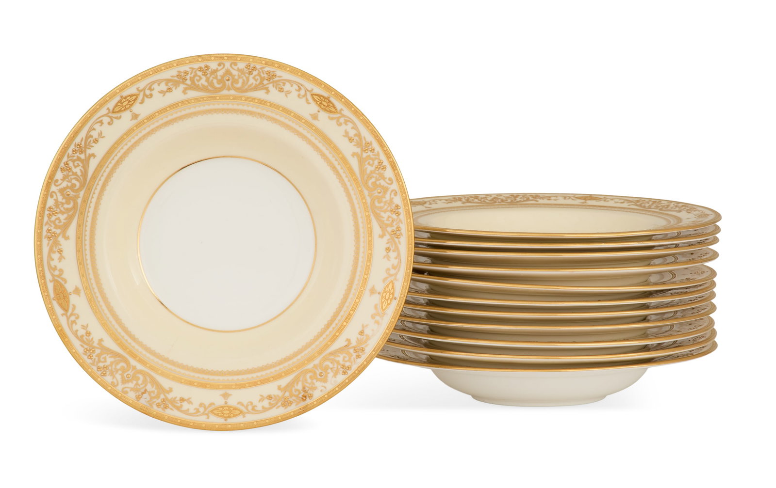 Set of Twelve Mintons Soup Plates: Set of Twelve Mintons Soup Plates early 20th century, the Tiffany-retailed soup plates with cream-colored borders decorated with raised gilt scrollwork and bellflowers, with Minton's mark, "Tiffany &