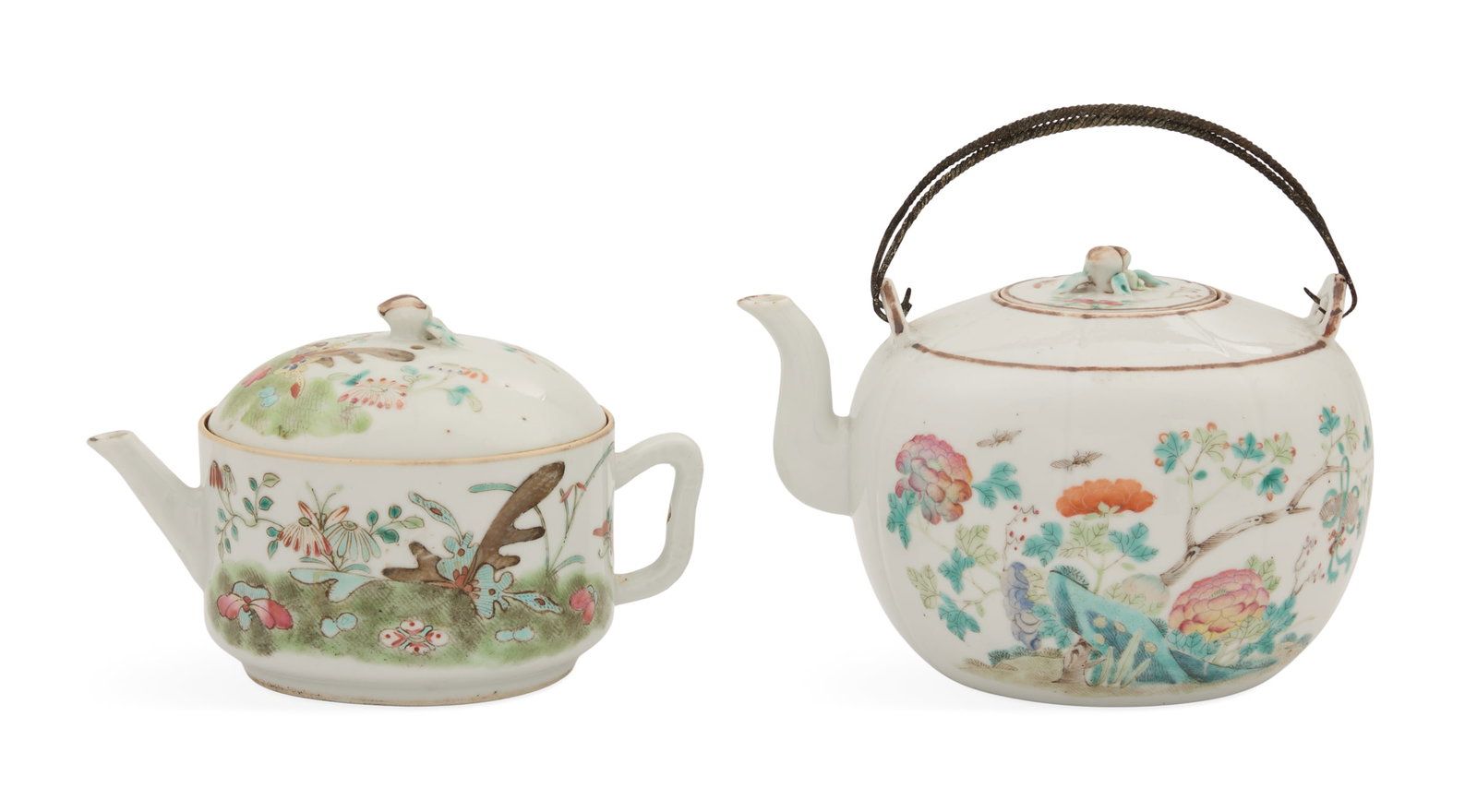 Chinese Export Porcelain Kettle and Teapot: Chinese Export Porcelain Kettle and Teapot 19th century, the kettle decorated in the famille rose palette and fitted with wire handles, and the teapot decorated with raised polychrome flowers and a pe