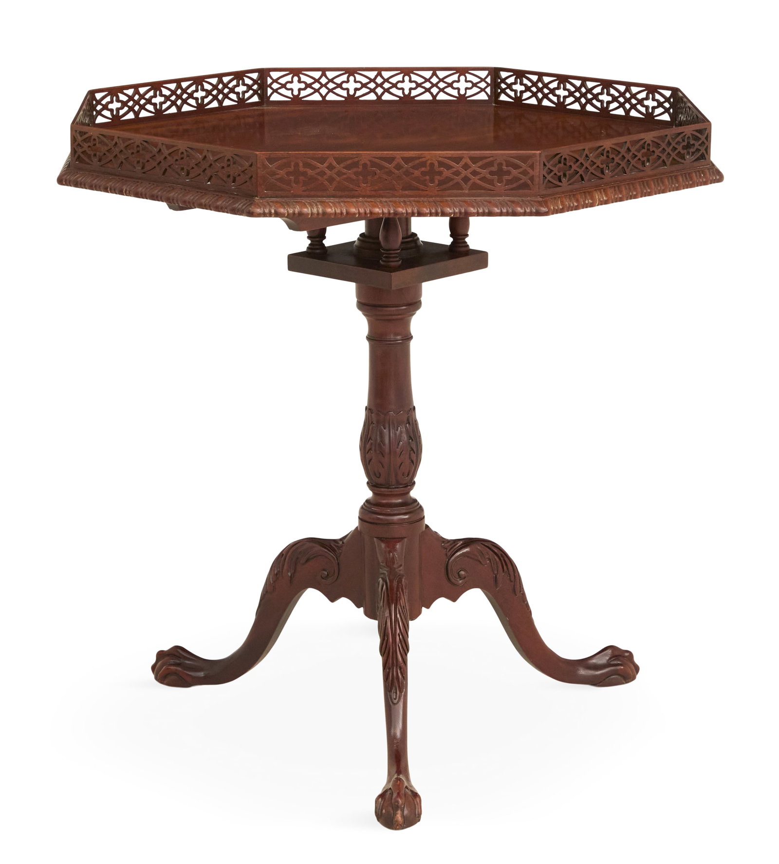 Baker Mahogany Tilt-Top Tea Table: Baker Mahogany Tilt-Top Tea Table 20th century, in the rococo taste, the octagonal top with a raised, pierced gallery on a gadrooned edge, supported on a birdcage to facilitate turning and tilting,