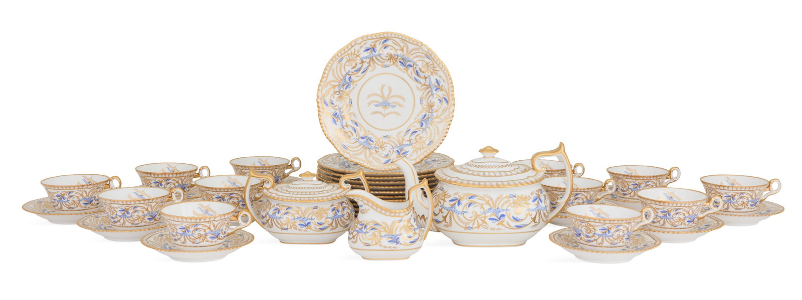 Copeland Spode "Regency" Dessert Service: Copeland Spode "Regency" Dessert Service early 20th century, the Tiffany-retailed service with gadrooned borders and blue and gilt scrolled decoration, each with a green "Spode Copeland China