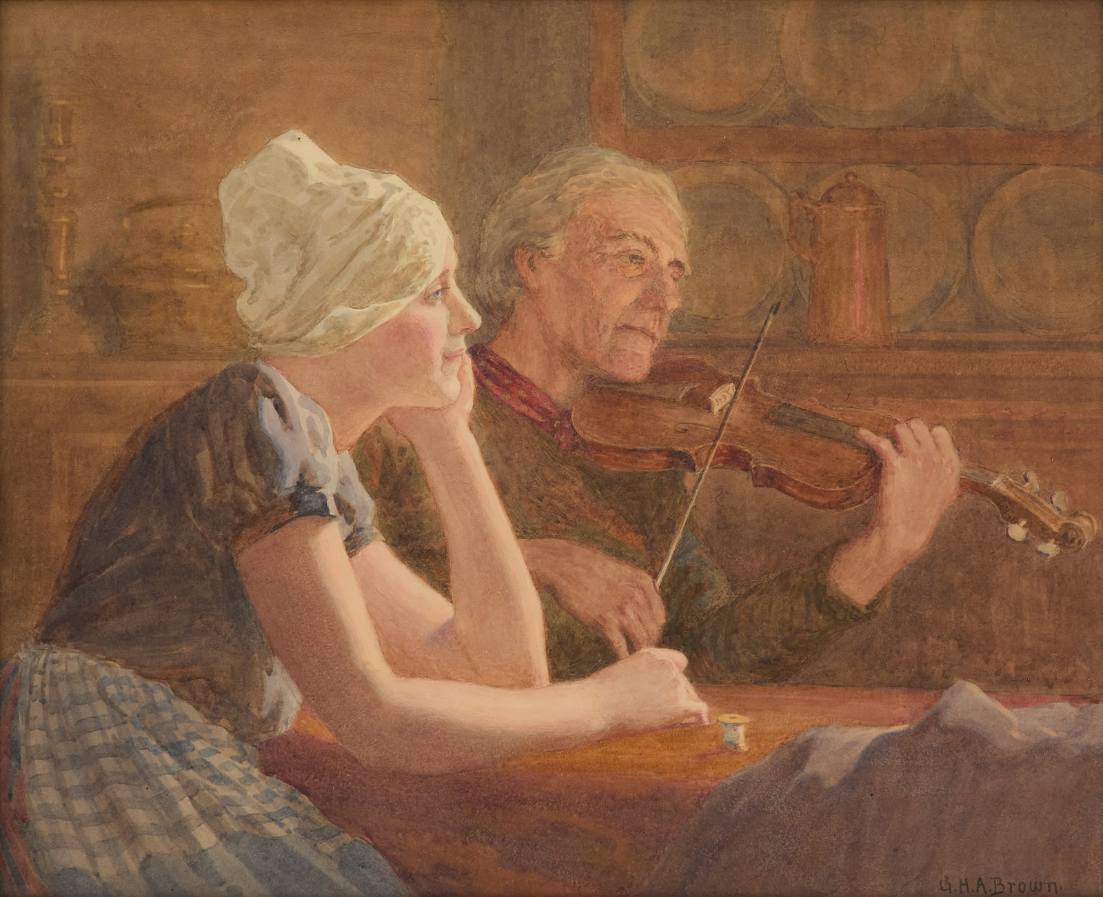 George Henry Alan Brown (British, b. 1862): George Henry Alan Brown (British, b. 1862) "The Serenade" watercolor on paper signed lower right. Glazed and framed. sight 19" x 24", framed 27" x 31" Provenance: Private collection, New Orleans,