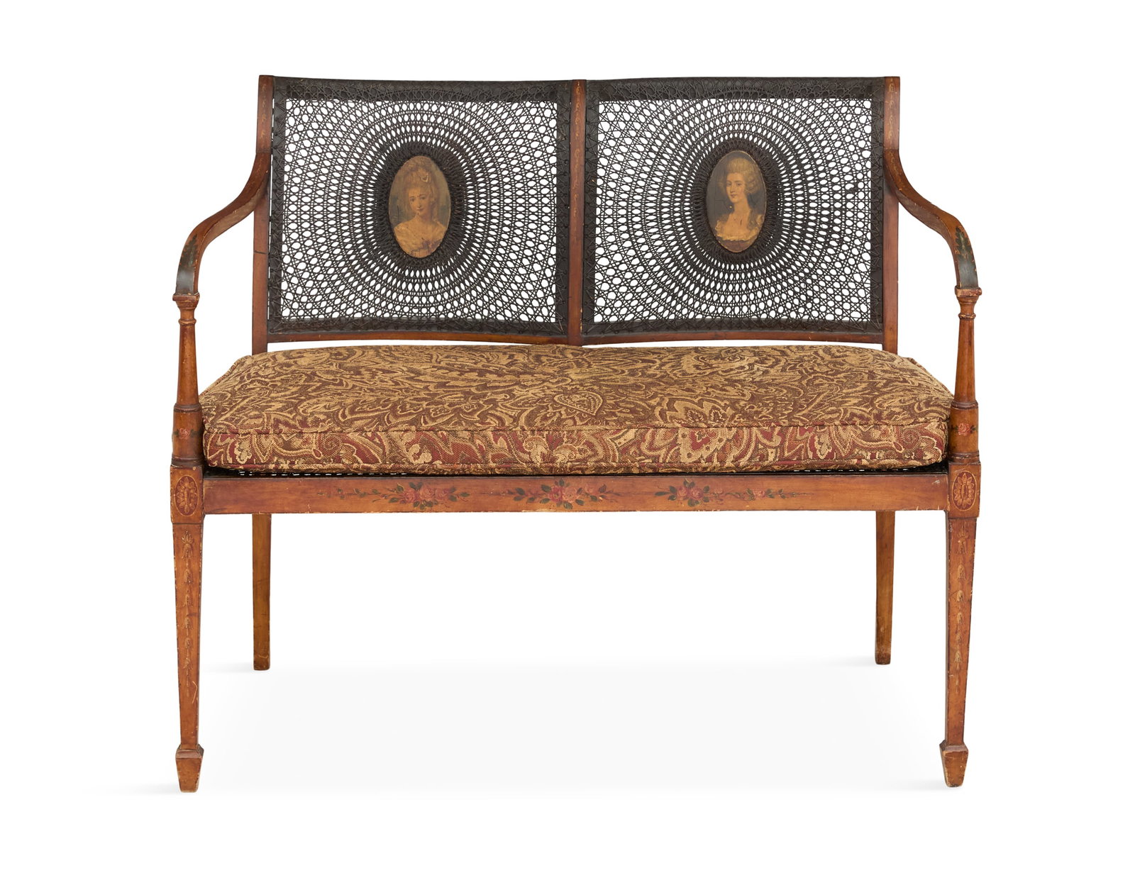Edwardian Satinwood and Caned Settee: Edwardian Satinwood and Caned Settee early 20th century, with a bisected caned back, each section centered by a portrait medallion in the manner of Angelica Kauffman, joined by downswept arms to the c