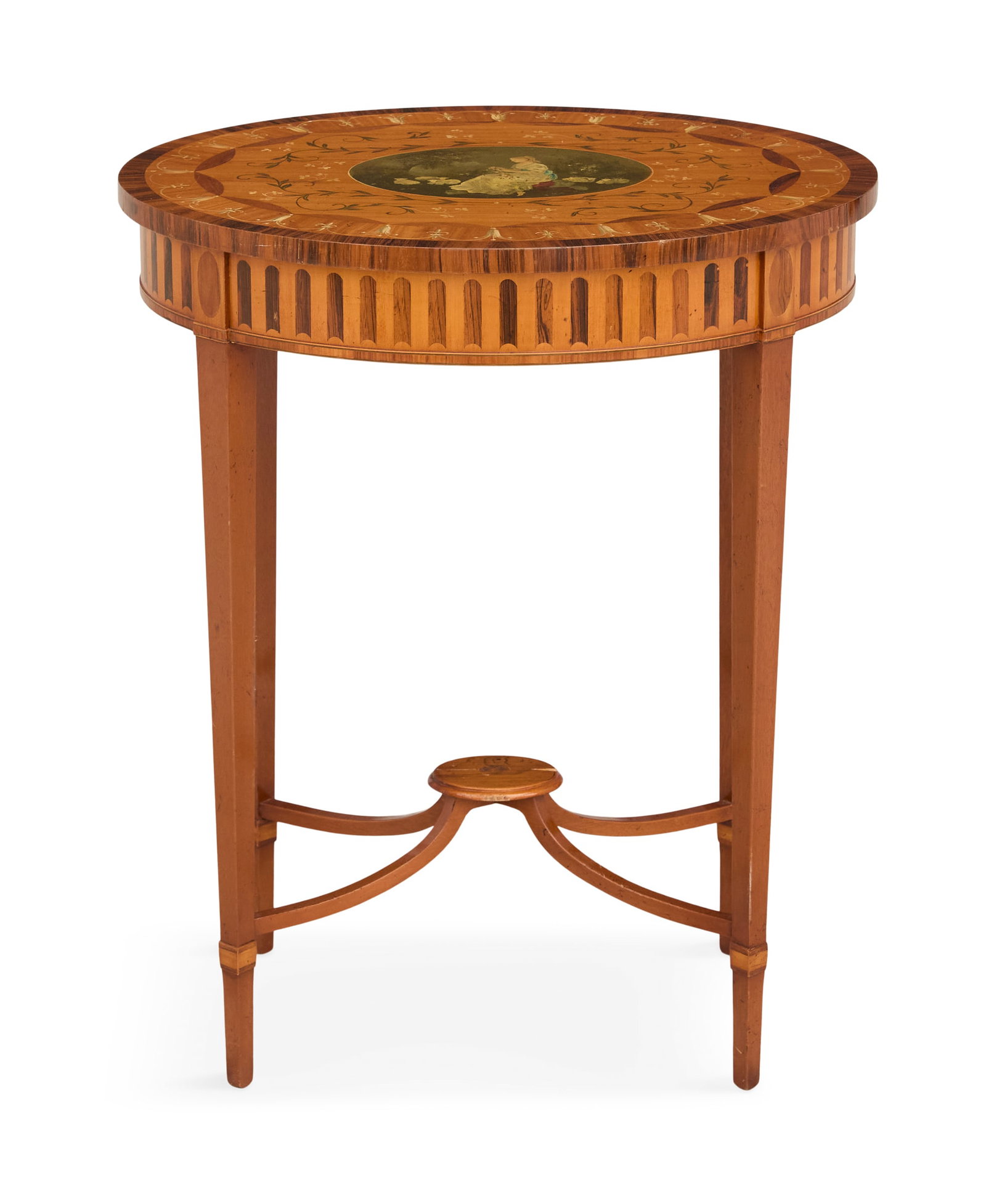 Edwardian Polychrome Oval Side Table: Edwardian Satinwood, Rosewood and Polychrome Oval Side Table early 20th century, the banded top with floral-painted sprays and raised on tapered square legs joined by stretchers, to a small oval platf