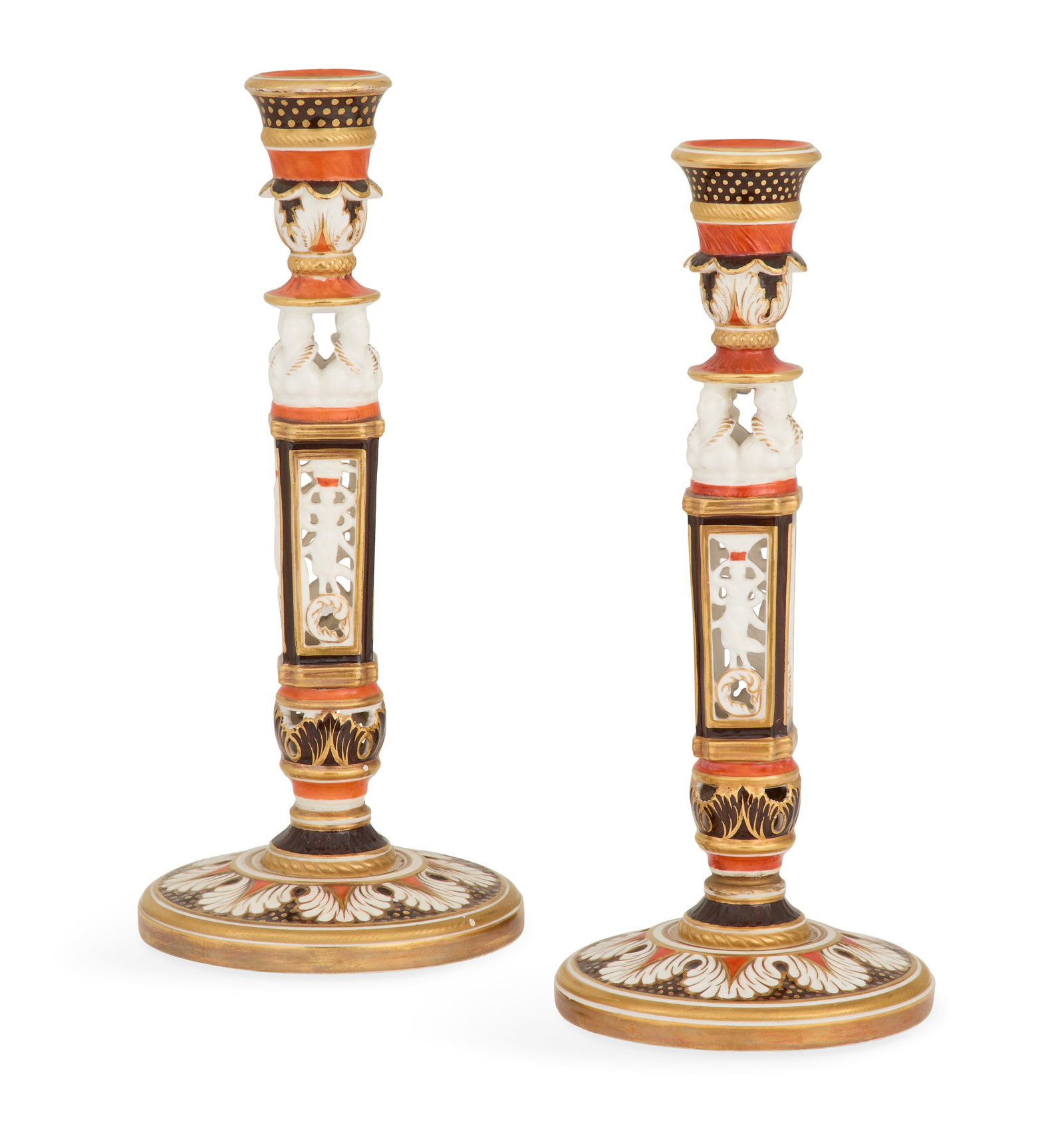 Pair of Wedgwood "Cinque Cento" Candlesticks: Pair of Wedgwood Bone China "Cinque Cento" Candlesticks ca. 1902-1914, decorated in the Imari palette, the pierced candlesticks molded after Italian Renaissance design, with busts supporting the