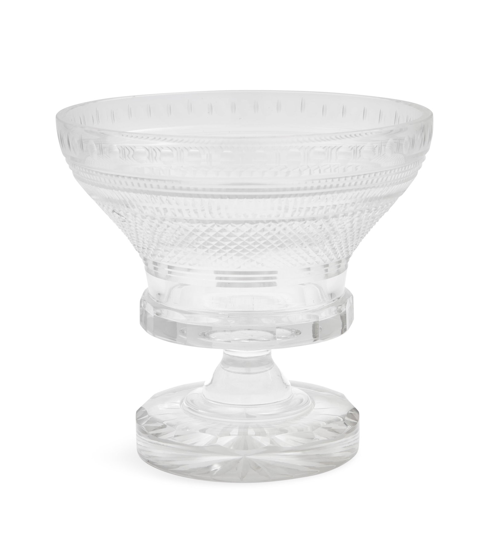English Cut Glass Centerpiece Bowl: English Cut Glass Centerpiece Bowl 20th century, possibly Cambria glass, with a notch-cut rim and diamond-cut sides, on a pedestal with faceted cutting and a star-cut base. h. 8-3/4", dia. 9"