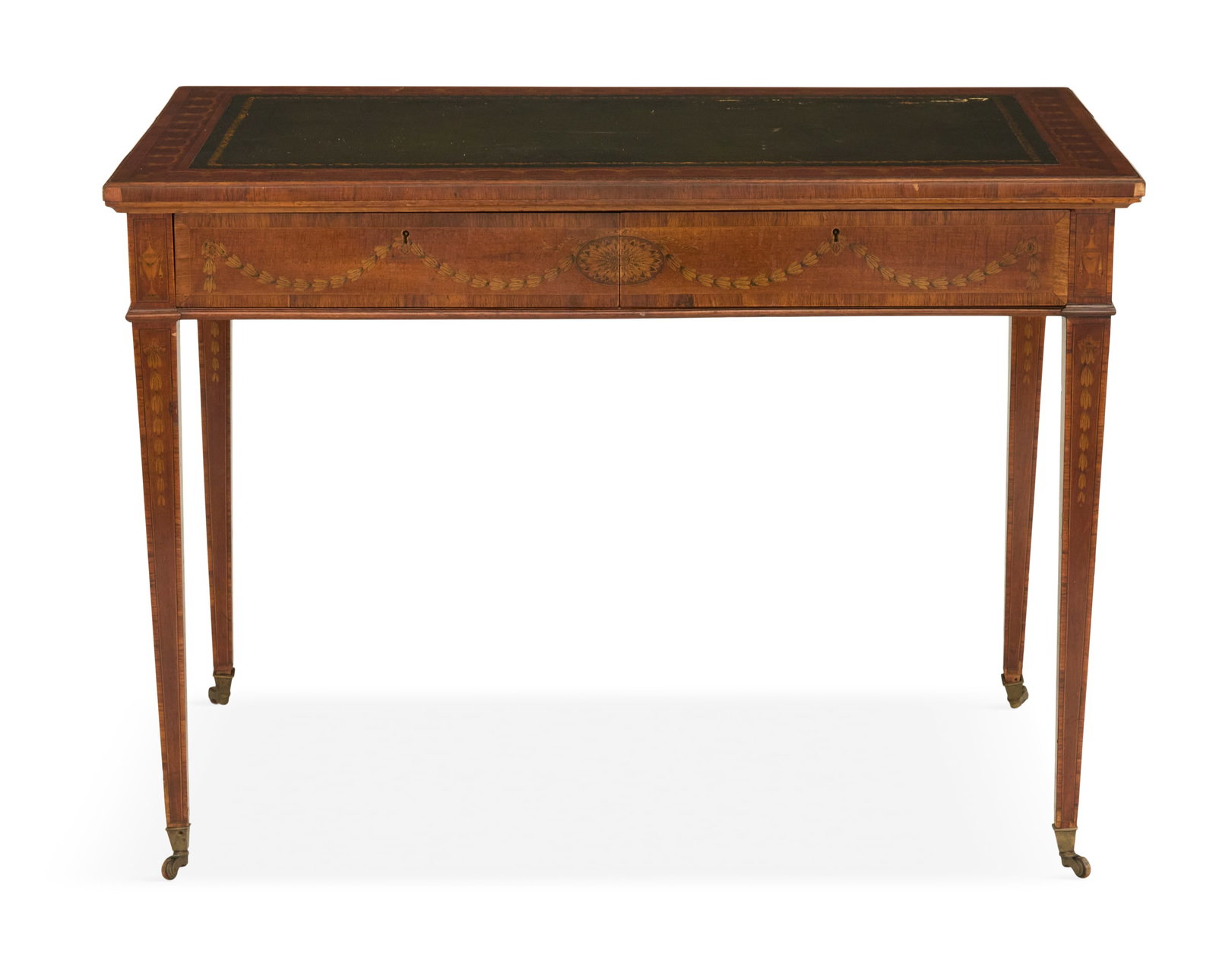 Edwardian Kingwood and Mixed Woods Writing Desk: Edwardian Kingwood and Mixed Woods Writing Desk late 19th century, the top with an inlaid border and inset leather writing surface, the front with a pair of side-by-side drawers, raised on tapered